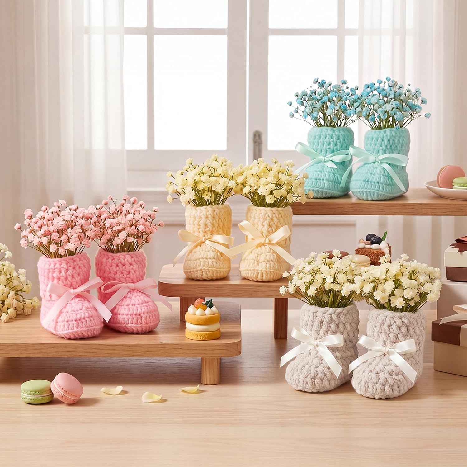 4 Set Baby Shower Booties Centerpieces Crochet Knitted Baby Booties with Ribbon Gender Reveal Party Table Decorations for Home, Office, Shelf & Mantel Decor, Farmhouse Cute Decor for Newborn