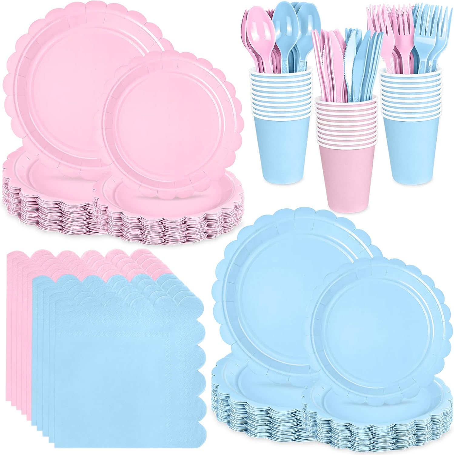 350 PCS Light Pink and Blue Scalloped Plates and Napkins, Pink Disposable Plates Set with Napkins Cups Plastic Spoons Forks Knivesfor Baby Shower Gender Reveal Birthday Party Supplies Serve 50 Guests