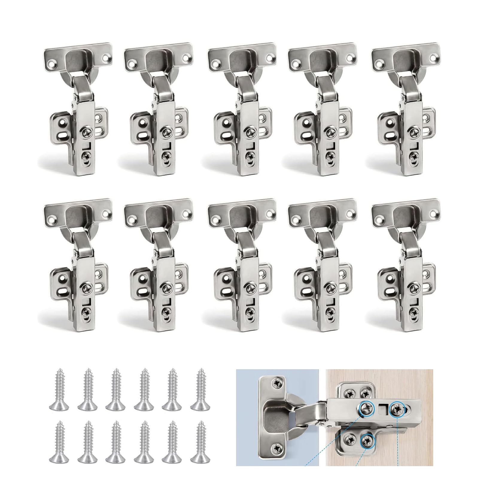 Youyijia 10Pcs Cabinet Hinges with 35 mm Screw 110 Degree Closing Hinge Cover Hinge Nickel-Plated for Kitchen Cabinet Wardrobe Door Bathroom — image 1