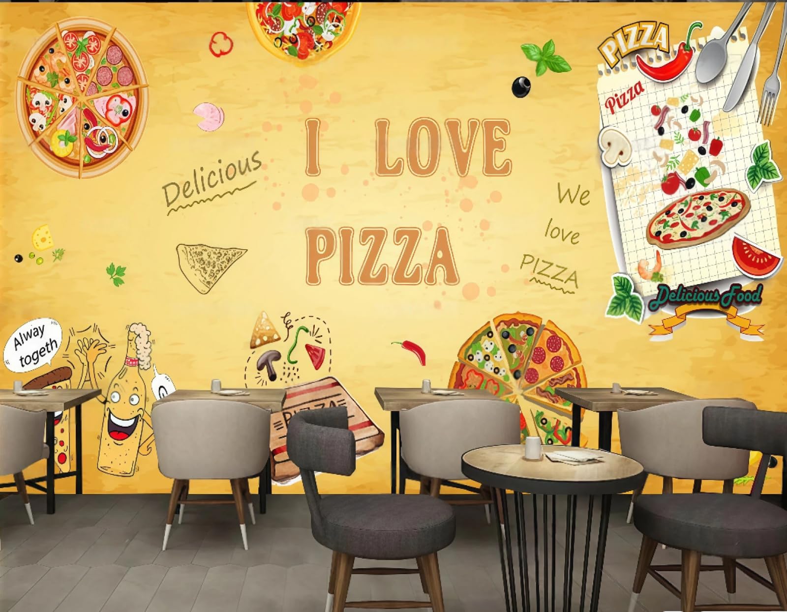 Xdoubao 3D Wallpaper Personalized Hand-Painted Delicious Pizza Theme Fast Food Restaurant Afternoon Tea Western Restaurant Background Wall Wallpaper Coffee Shop Mural,,300X210cm