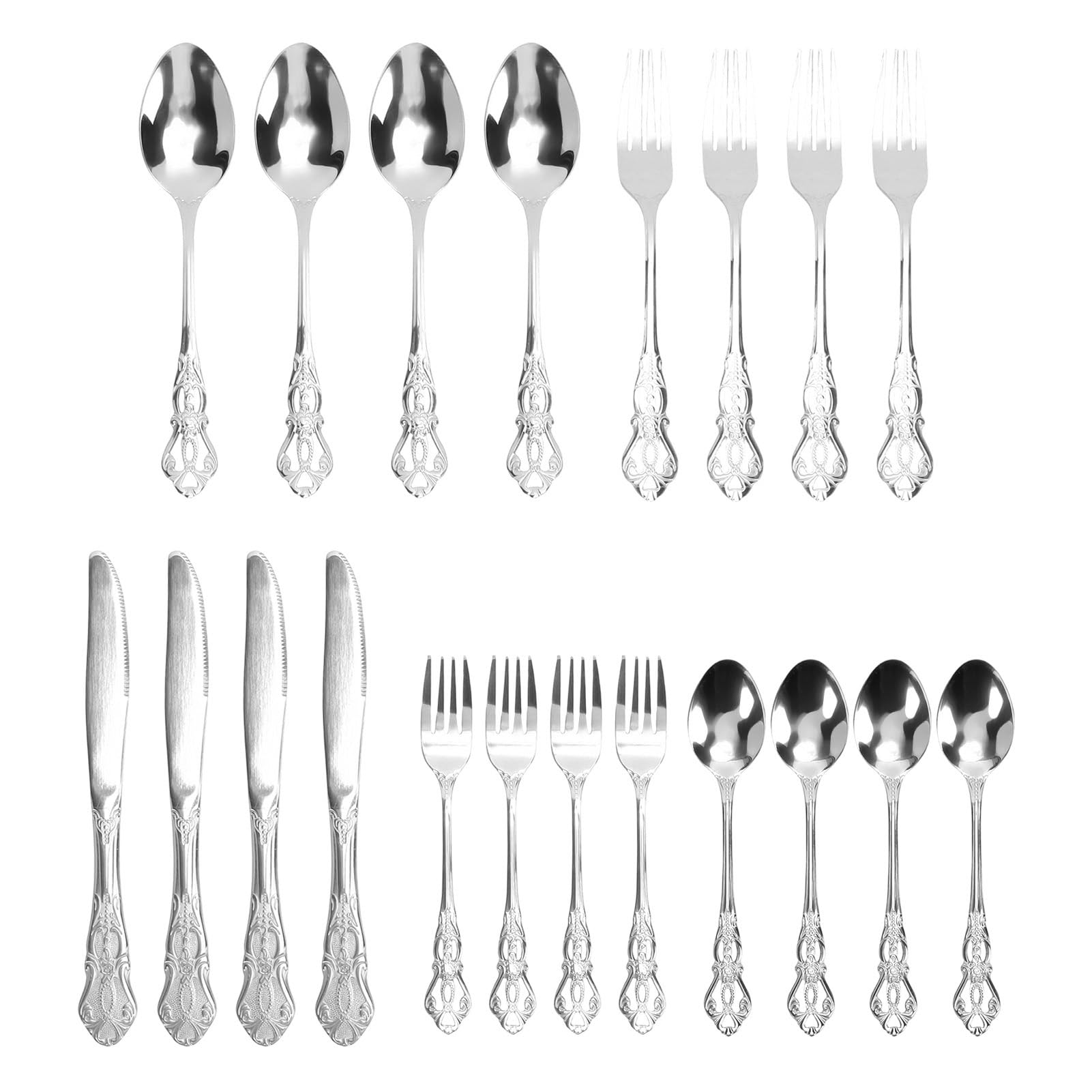 Juego de Cubiertos, Juego de Cubiertos de Acero Inoxidable Vintage Apto para Lavavajillas, 4 Tenedores para Cena, 4 Cucharas para Cena, 4 Tenedores para Ensalada, 4 Cucharas de (Plata)