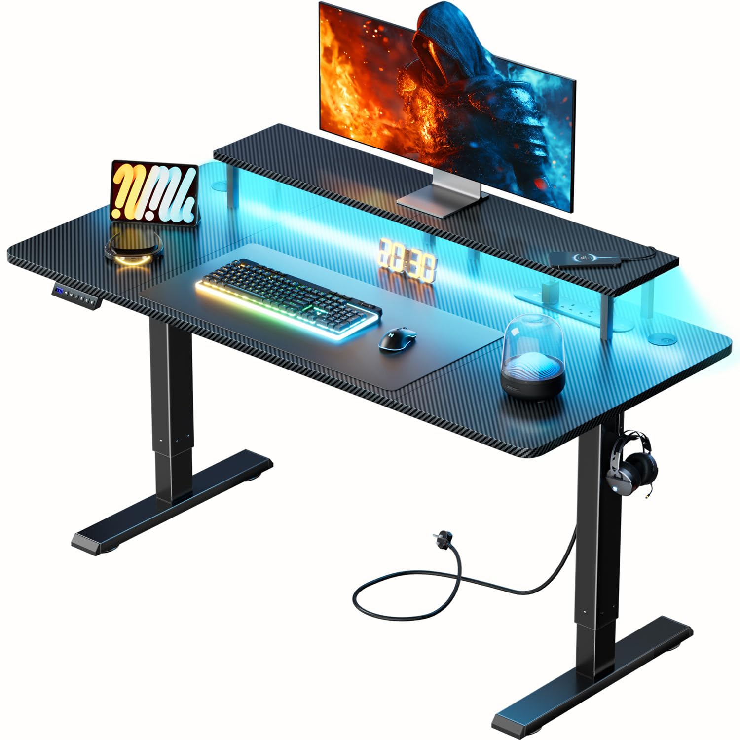 DLONGONE Electric Standing Desk 160 x 60 cm, Gaming Computer Desk with LED Lights & Power Outlets, Height Adjustable Sit Stand Desk with 3 Memory Smart Pannel & Monitor Stand, Carbon Fiber Black