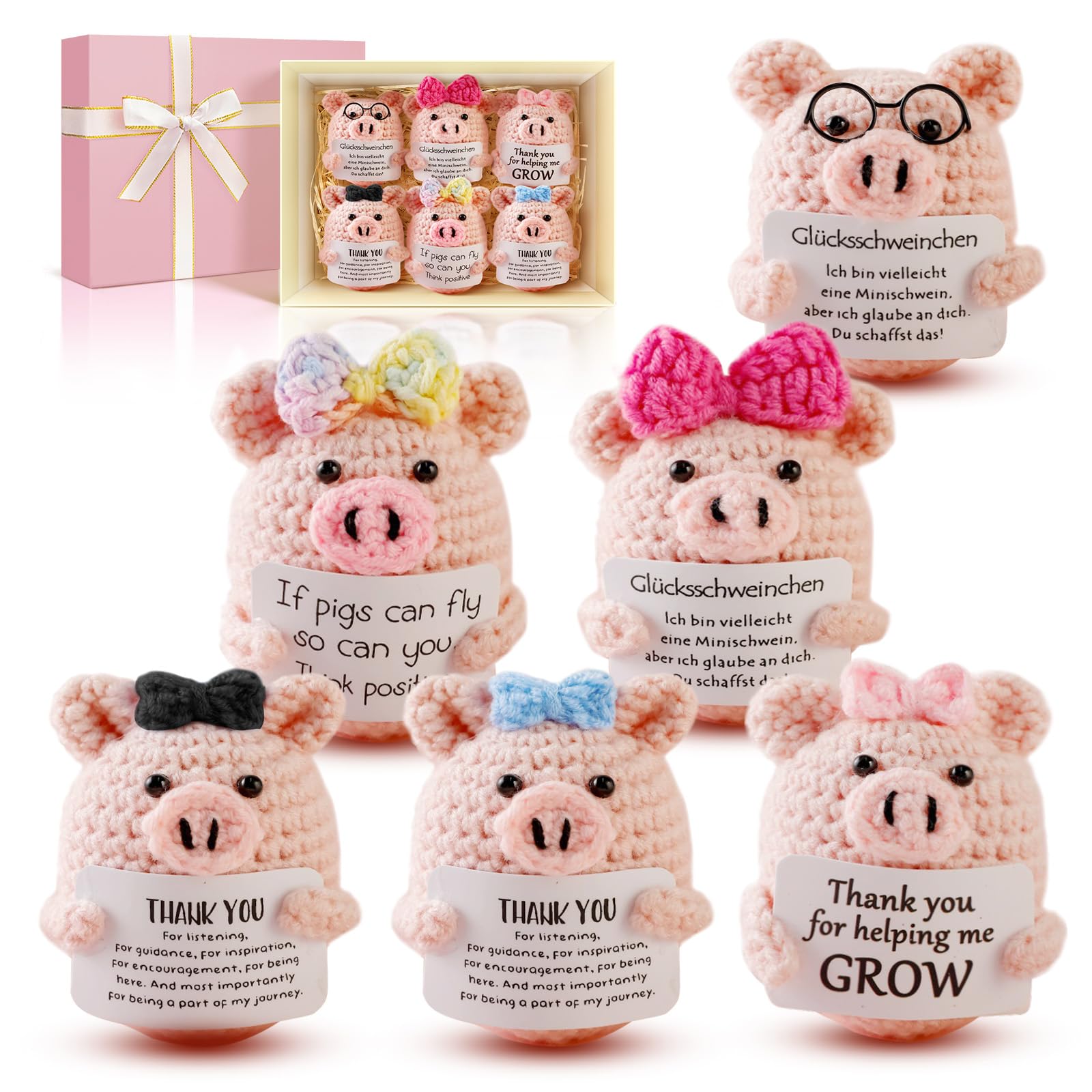 6Pcs Handmade Emotional Support Crochet Pink Positive Pig with Energy Cards in Gift Box, Funny Knitted Dolls Animals for Women Men Friends, Cute Plush Toy for Gift kawaii for Home Office Desk Decor
