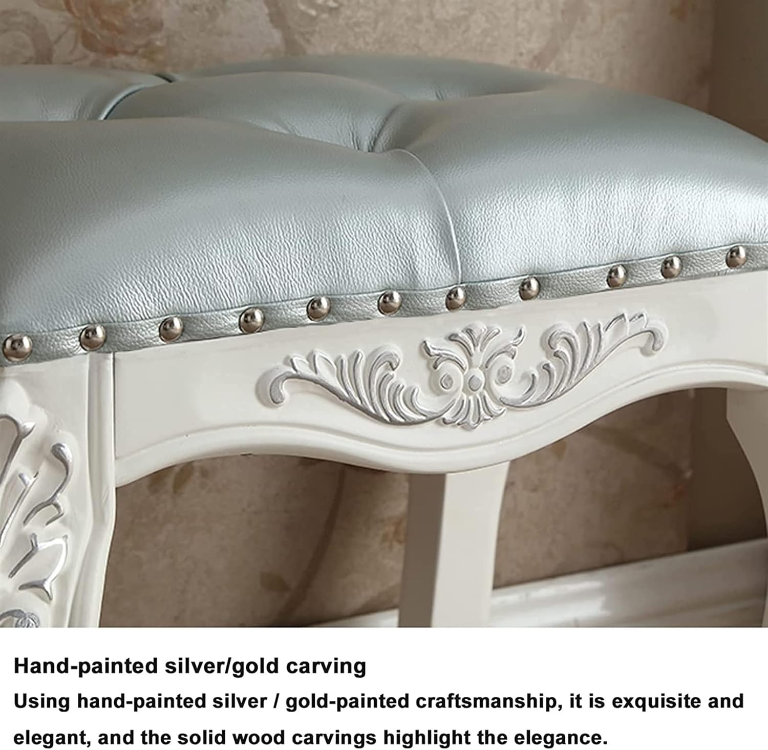 Vanity Stool Bedroom Vanity Chair Upholstered Seat Wooden Dressing Bench Bedroom Leather Makeup Stool Dining Stool Sofa Stool Beautifully Carved Rubber Wood Stool Legs (42x35x45cm)(Blue)