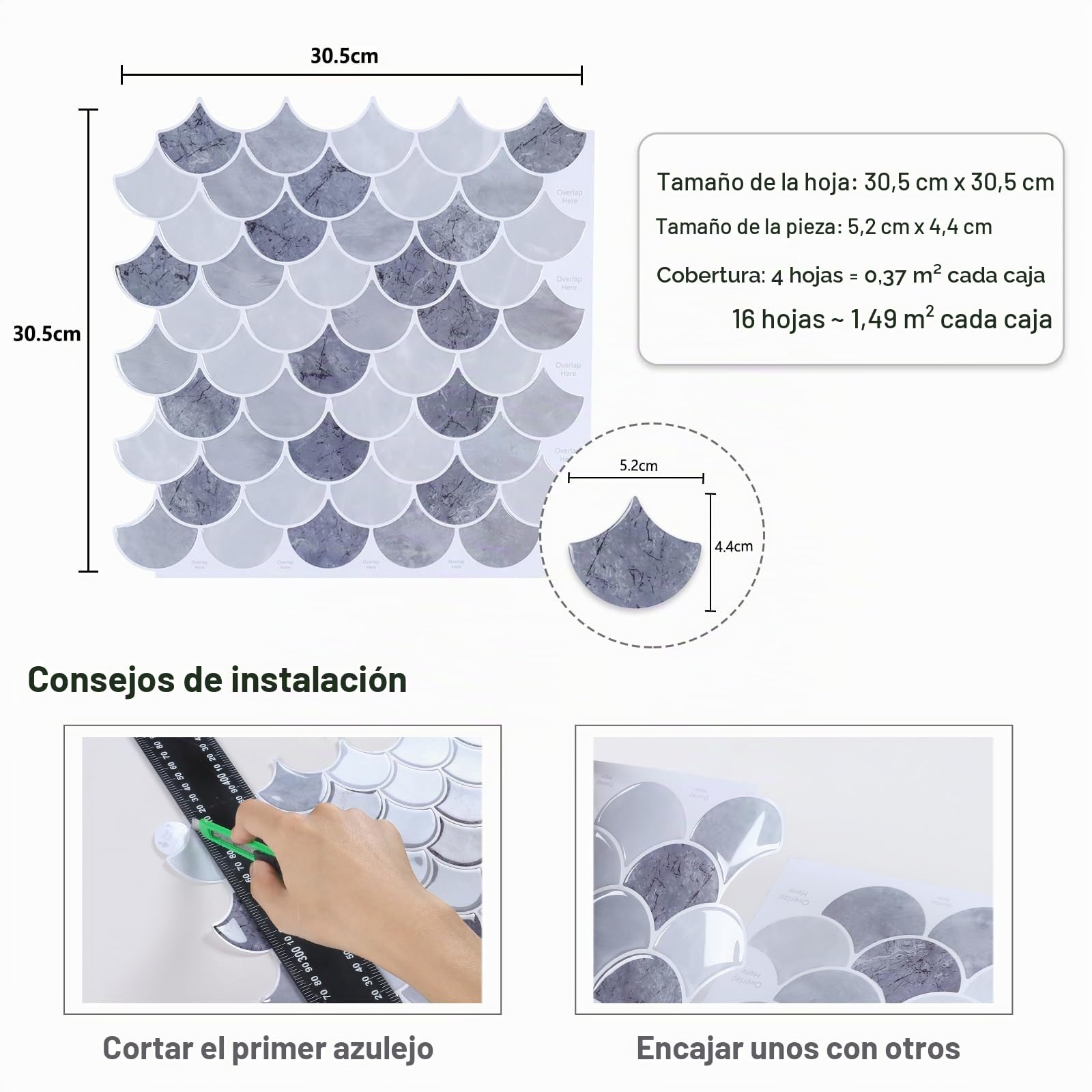 CRE8TIVE Azulejos Adhesivos Azul Gris 16 Piezas Cenefa Adhesiva Cocina Efecto Marmol Forma de Abanico Baldosas Adhesivas Pared Mosaico Azulejos Adhesivos Cocina Lavadero Escaleras 30.5cm x 30.5cm