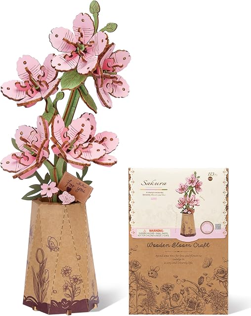 3D Puzzles en bois de fleur pour adultes-Sakura, DIY Kit de modèles de fleurs en bois Ensemble de construction Artisanat pour les adultes à construire, Collection botanique/Idéal Cadeau créatif Idées/Housewarming