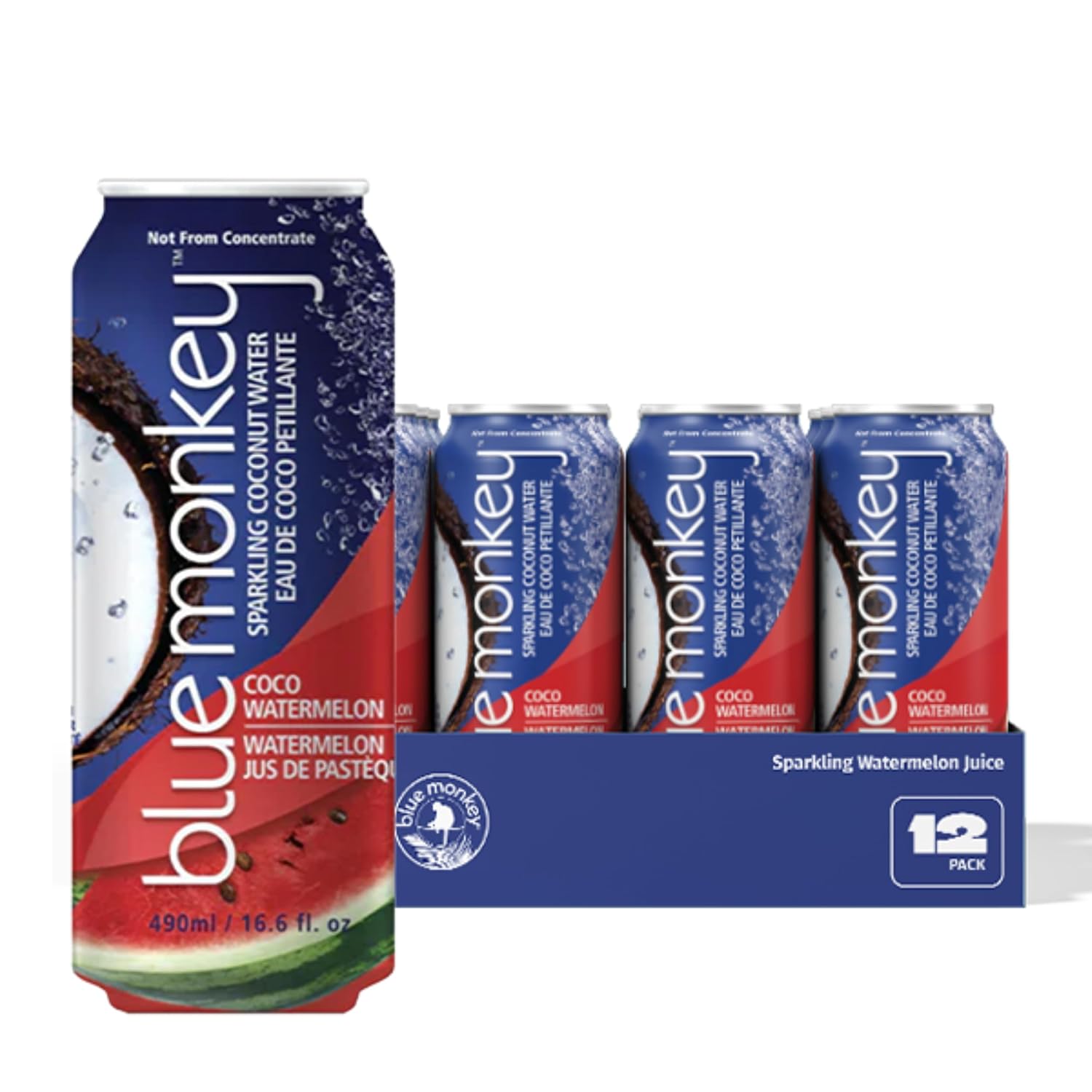 Blue Monkey Sparkling Coconut Water with Watermelon - 99.7% Coconut Water & Juice Blend - No Sugar Added, All Natural, Shelf Stable - Lightly Carbonated Tropical Beverage - 11.2oz (330ml) 12-Pack