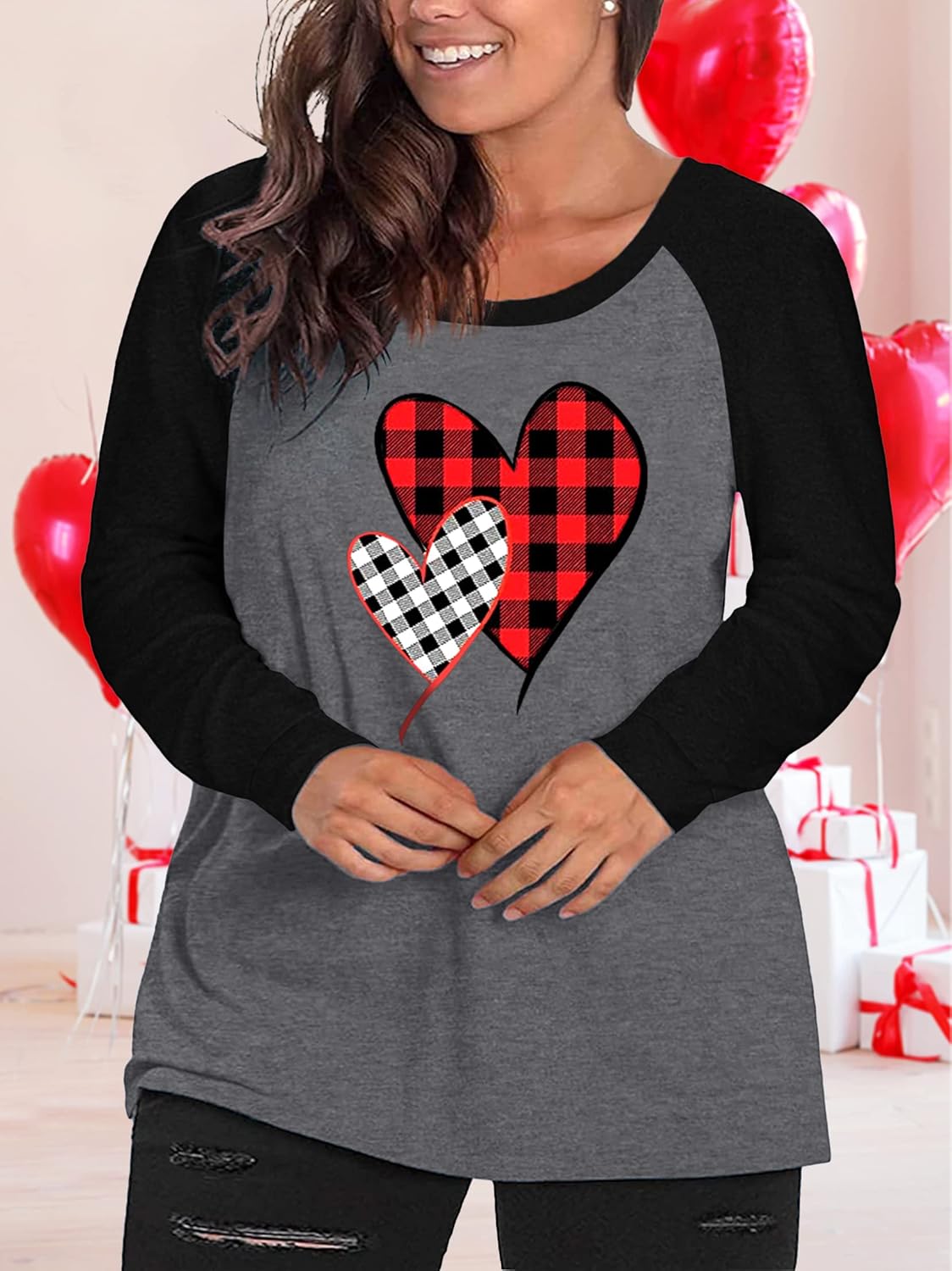Plus Size Valentines Day Shirt Women Buffalo Plaid Love Heart Graphic Tees Cute Long Sleeve Tops Clothing for Her - Image 3
