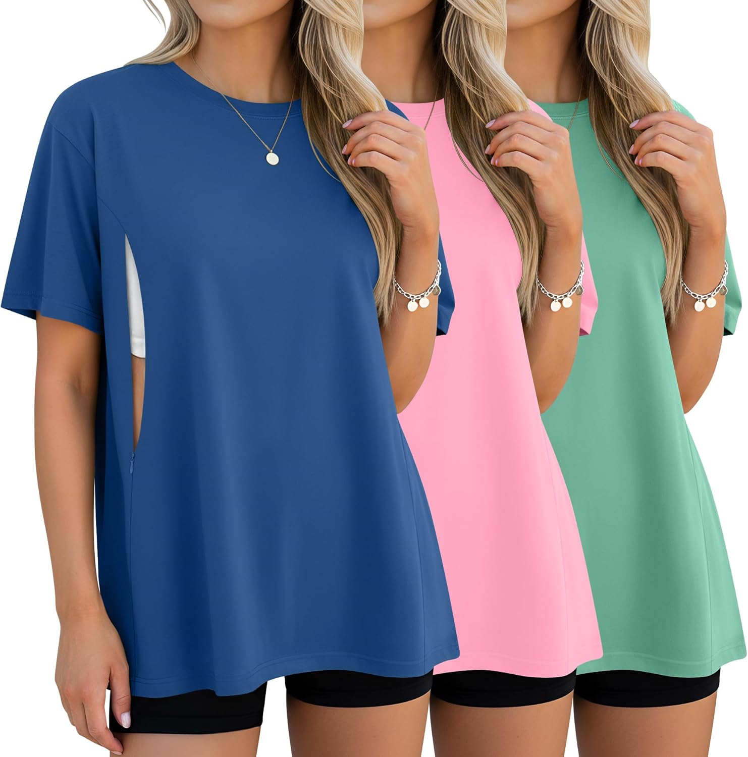 3 Pack Women's Oversize Nursing Breastfeeding Shirts Hidden Zipper Short Sleeve Loose Fit Maternity Tops