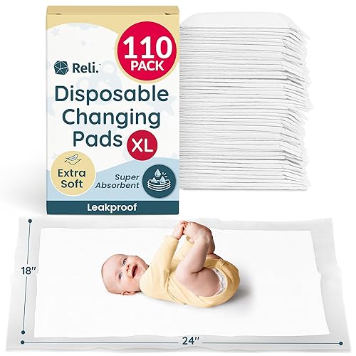Miniatura 1 de Reli. Cambiadores desechables para bebé (paquete de 110) Cambiadores de pañales desechables de 18 x 24 pulgadas, grandes, superabsorbentes, a