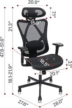 Mesh Office Chair,Ergonomic Office Chairs with Wheels,Adjustable Lumbar Support,Armrest,Headrest-Tilt High Back Desk Chair with Mute Wheel for Office, Home, Gaming