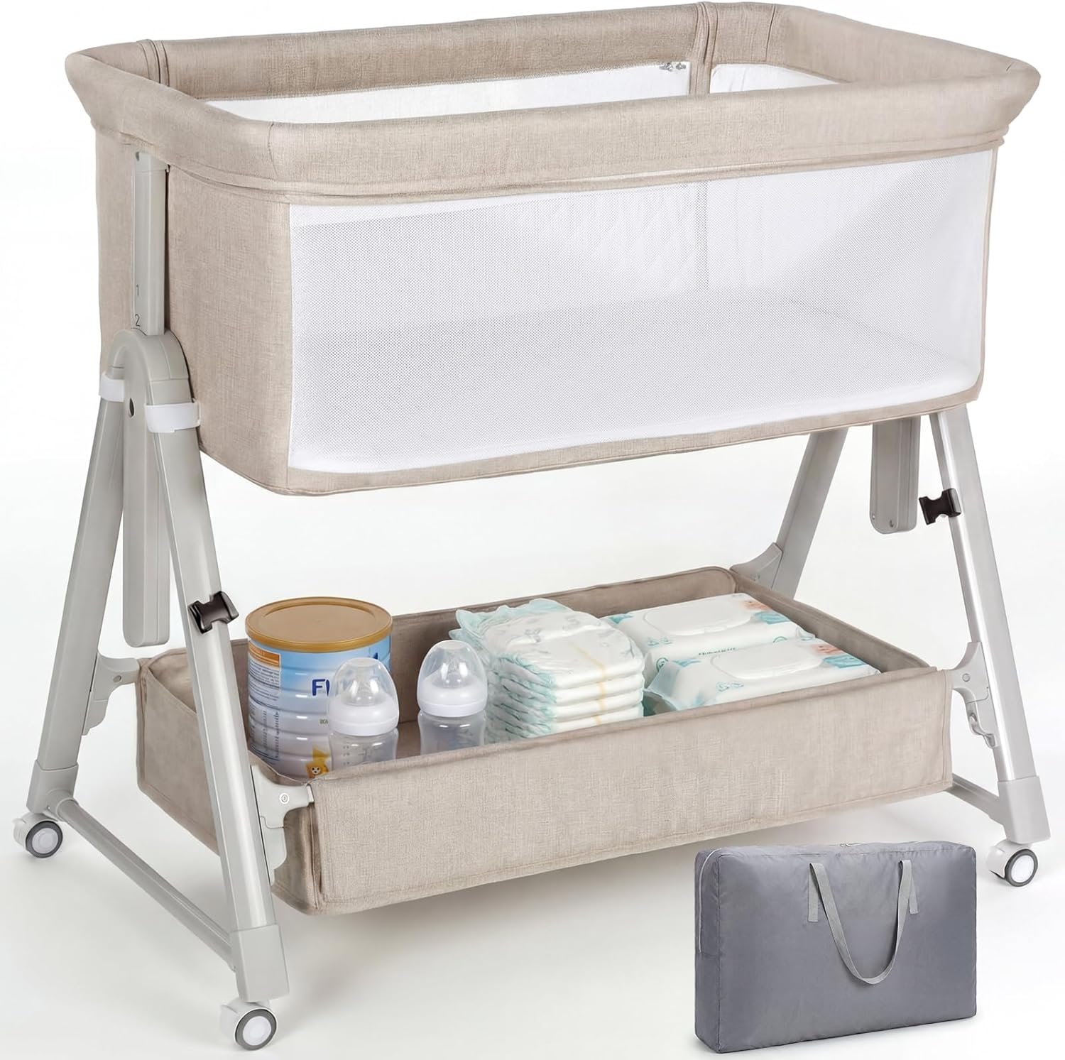 Cowiewie Bassinet Bedside Sleeper,3-in-1 Baby Bassinet with Mattress & Wheels,Easy Folding Portable Bedside Bassinet for Baby with Storage & Travel Bag,Breathable Mesh,Stable & Secure,Beige