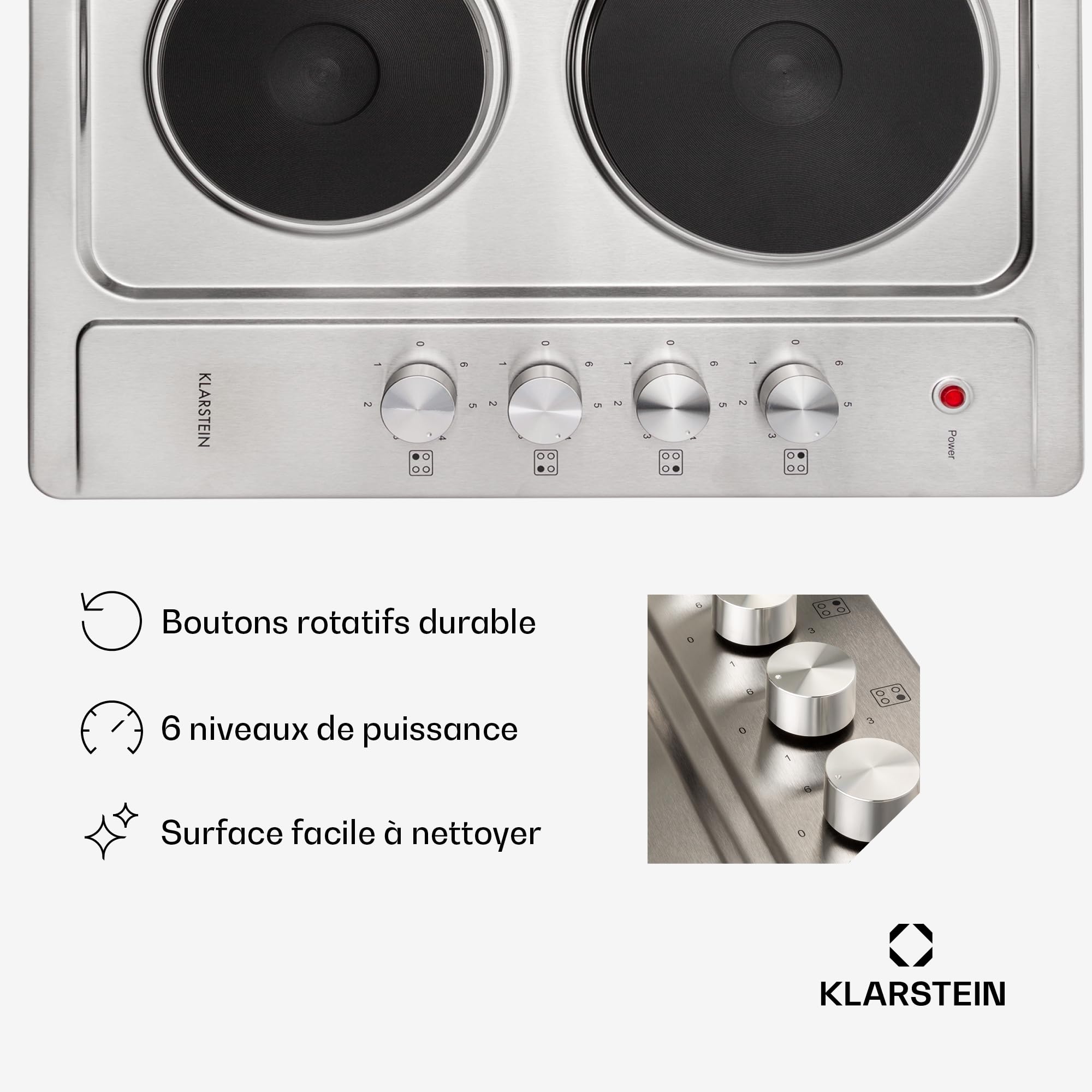 Klarstein Appetito Płyta grzejna do zabudowy, Wskaźnik ciepła resztkowego, Pokrętła, 6 stopni mocy, Elektryczna, Płyty grzejne, Stal nierdzewna, 4 pola/strefy, 5500 W, srebrna