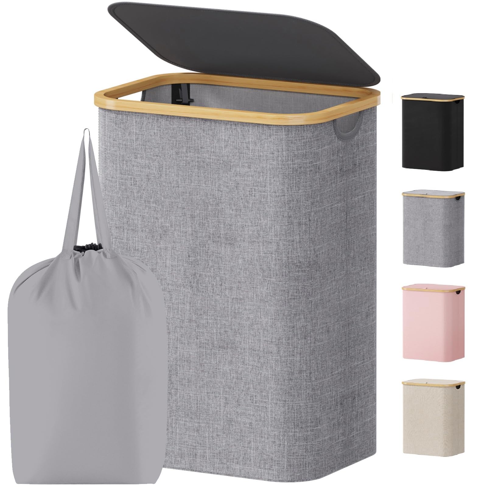 Lifewit 80L Wäschekorb mit Deckel, Wäschekörbe für Wäsche mit Bambus Griffe und Eine Abnehmbare Wäschesack, Große Faltbare Wäschekorb für Schlafzimmer, Bad, Schlafsaal, Waschküche, Hellgrau