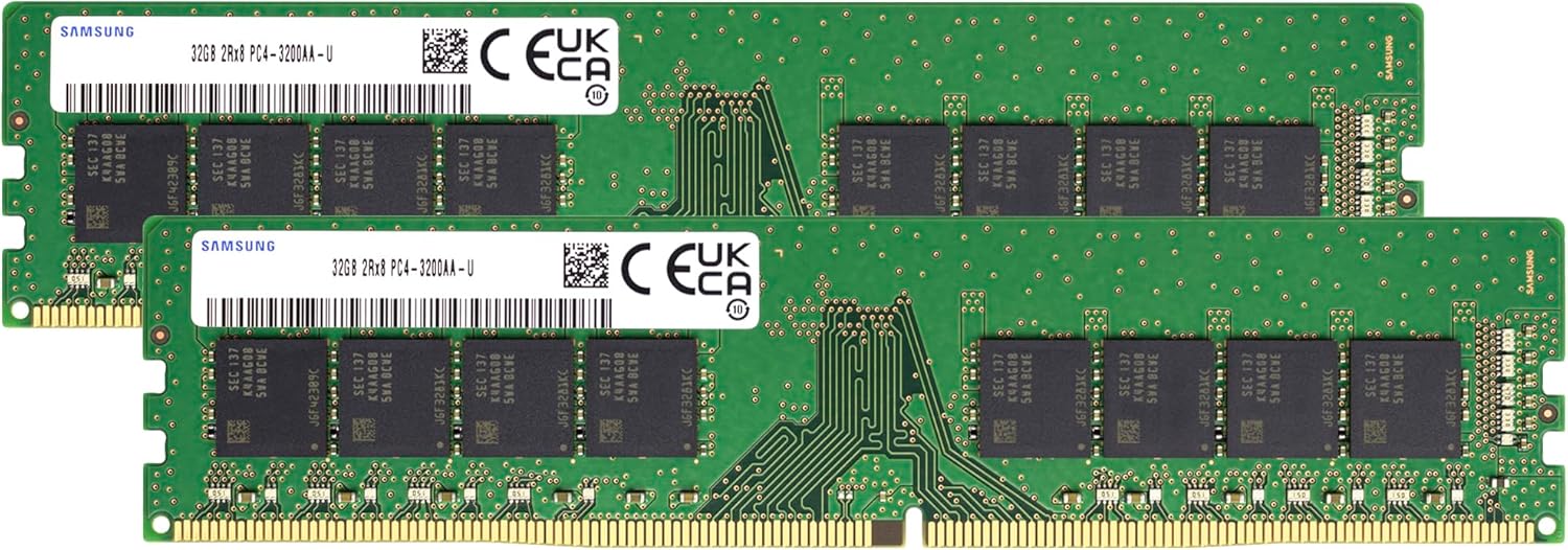 Samsung 64GB (2x32GB) DDR4 3200MHz PC4-25600 (PC4-3200AA) CL22 UDIMM 2Rx8 Dual Rank 1.2V Non-ECC DIMM 288-Pin Desktop PC RAM Memory