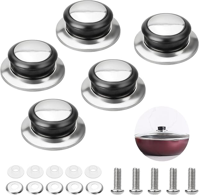 5Pcs Universal Pot Lids Handle Heat-Resistant Knobs, Stainless Steel Kitchen Pot Lid Lifting Handle Cookware Replacement Parts Set Cookware Cover Pan Parts Set with Screws