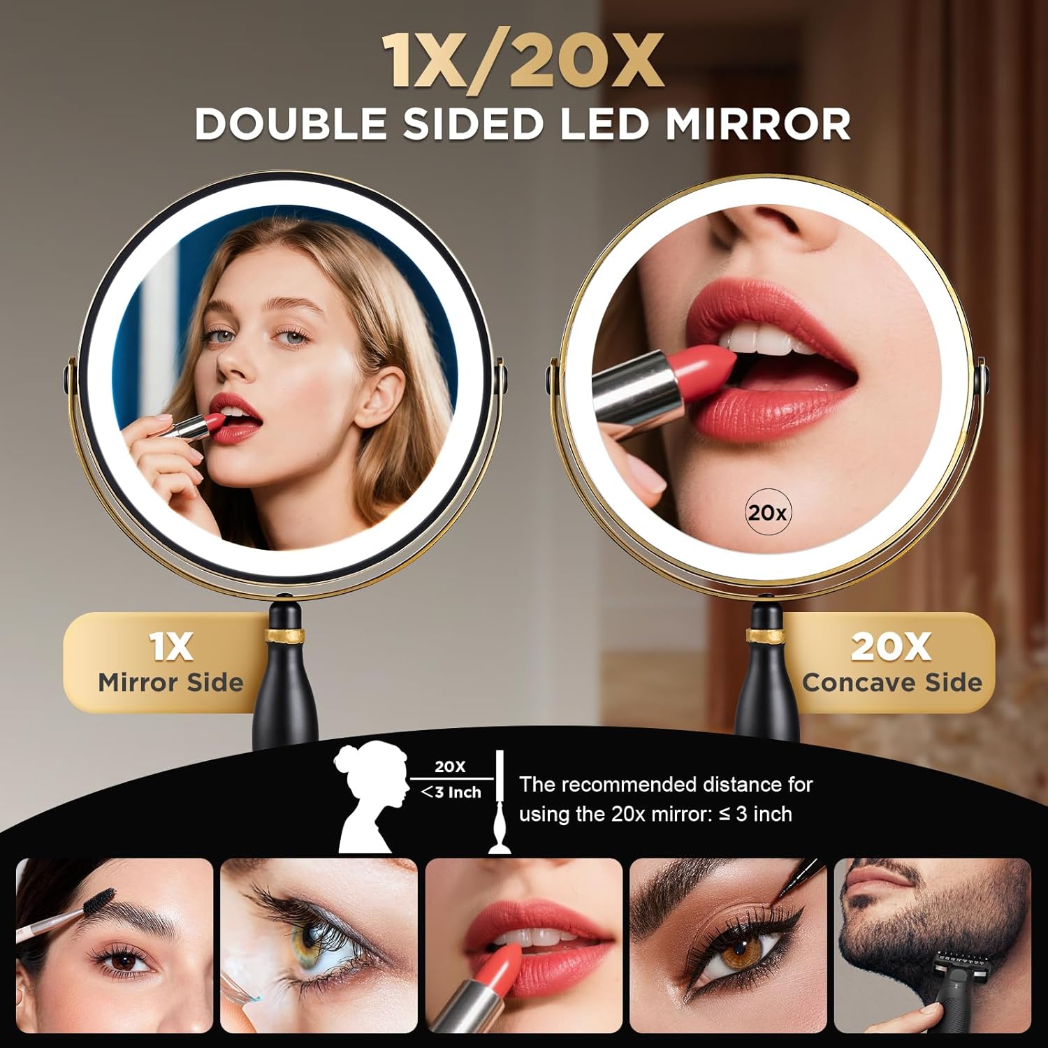 Lighted Makeup Mirror, 20x Magnifying Rechargeable Double Side Vanity Mirror, 3 Color Lights with Brightness Adjustable, Matte Black with Gold Trim, Modern Style Side Touch + Side Charge, Women Gift