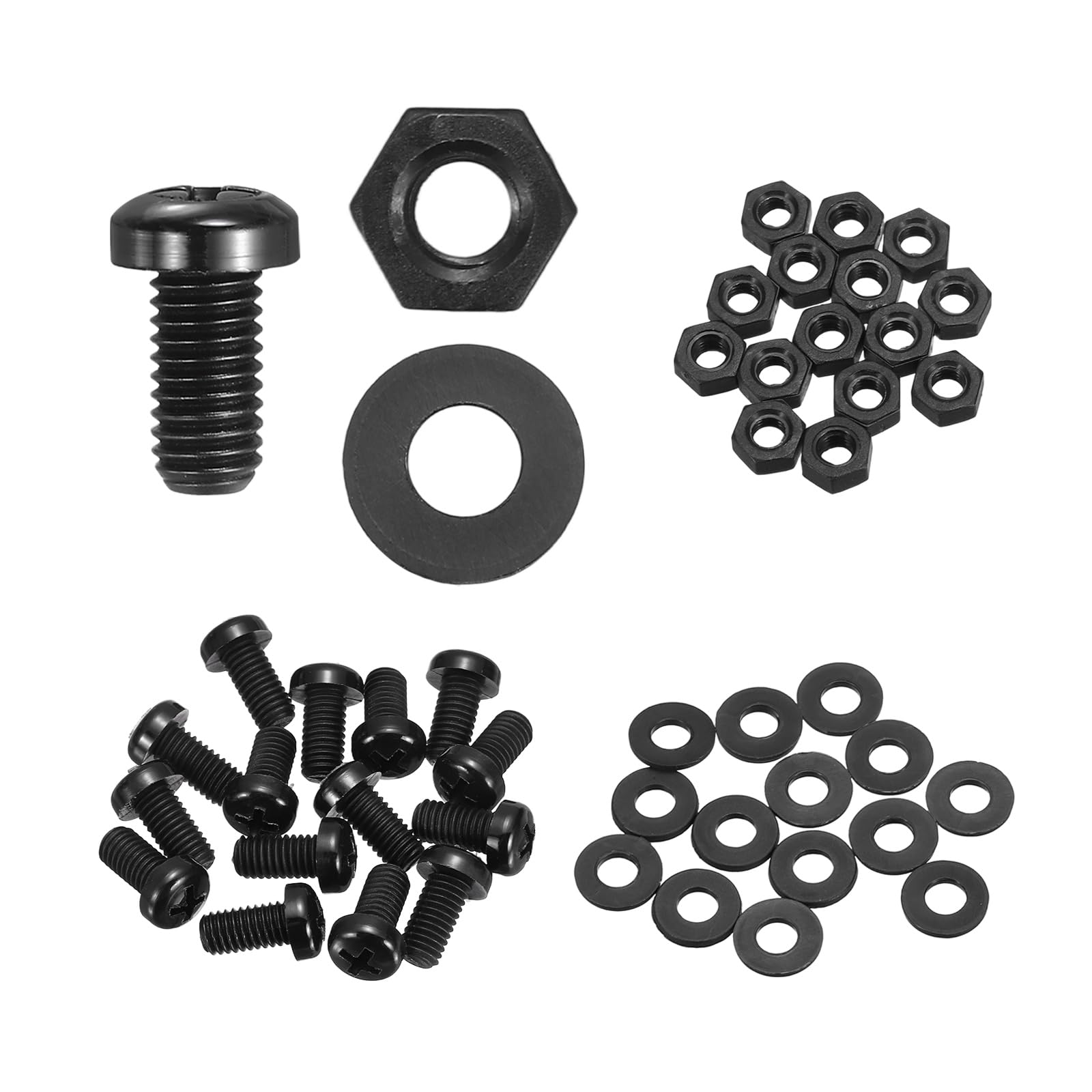 sourcing map 15 Set M6x10mm Nylon PA66 Plastic Cross Round Head Screw Phillips Bolts Hex Nuts Flat Washers Assortment Kit, Metric Full Thread Bolt Fasteners for DIY Machine Assembly, Black — image 1