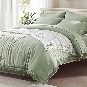 Anluoer Full Comforter Set, Sage Green Boho Bed in a Bag 7 Pieces with Comforter and Sheets, Lightweight Bedding Sets with 1 Comforter, 2 PillowShams, 2 Pillowcases, 1 Flat Sheet, 1 Fitted Sheet