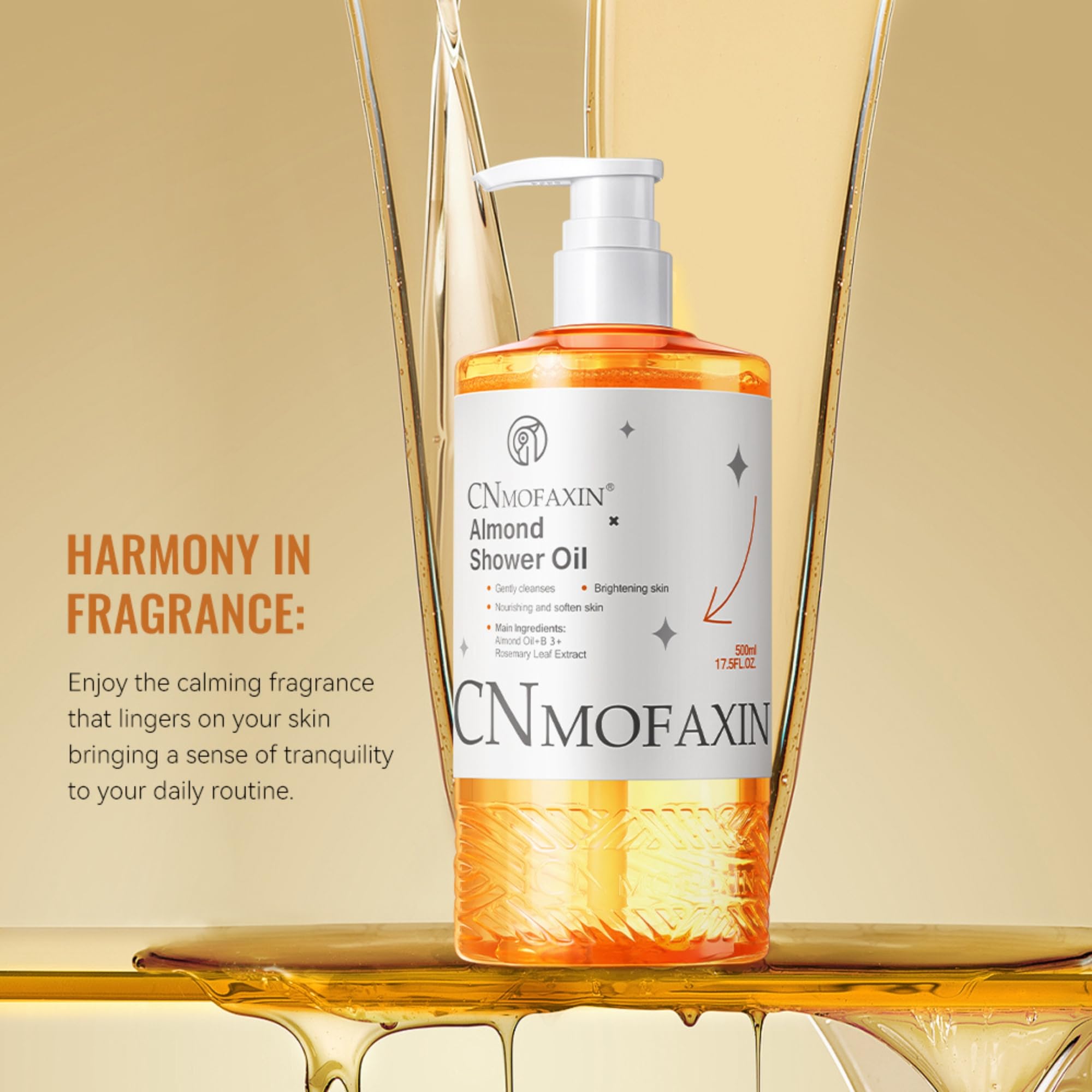 CNMOFAXIN Almond Shower Oil Body Wash 500ml - Moisturising & Softening Body Cleanser with Vitamin B3, Rosemary & Lavender - Gentle Shower Gel for Smooth, Radiant & Healthy Looking Skin - Image 4