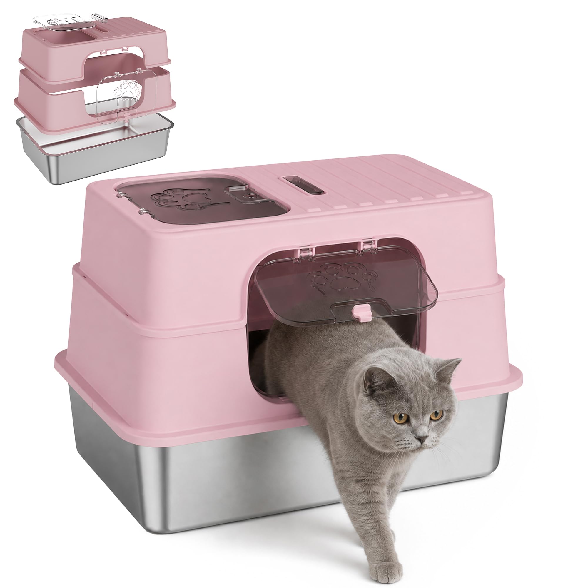 XL Katzentoilette Edelstahl mit Deckel, 2 in 1 Katzenklo Offen oder Geschlossen, Große Katzentoilette mit Hohem Rand, Doppeltür Design, Streuschaufel Inklusive, 61 x 41 x 40 cm-Rosa