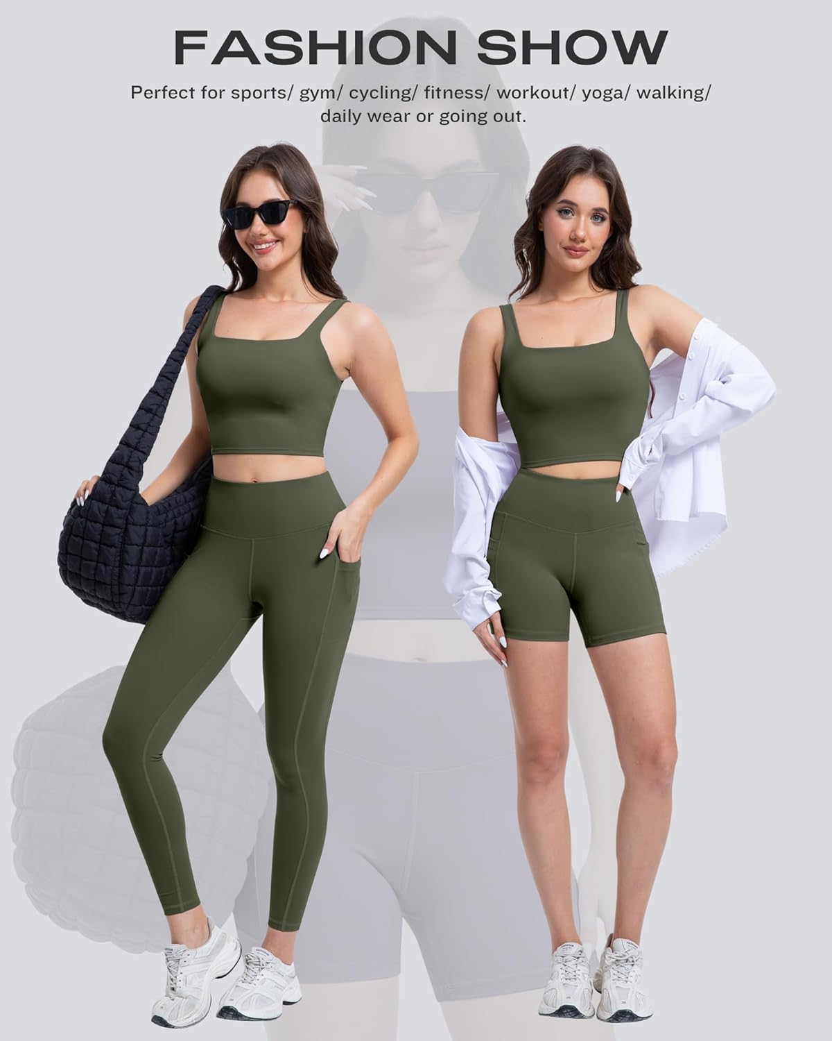 3 Piece Workout Sets for Women High Waisted Leggings with Pockets Tummy Control Biker Shorts Yoga Sports Bra Army Green Medium image 5 of 5 B0FCFNQJS7