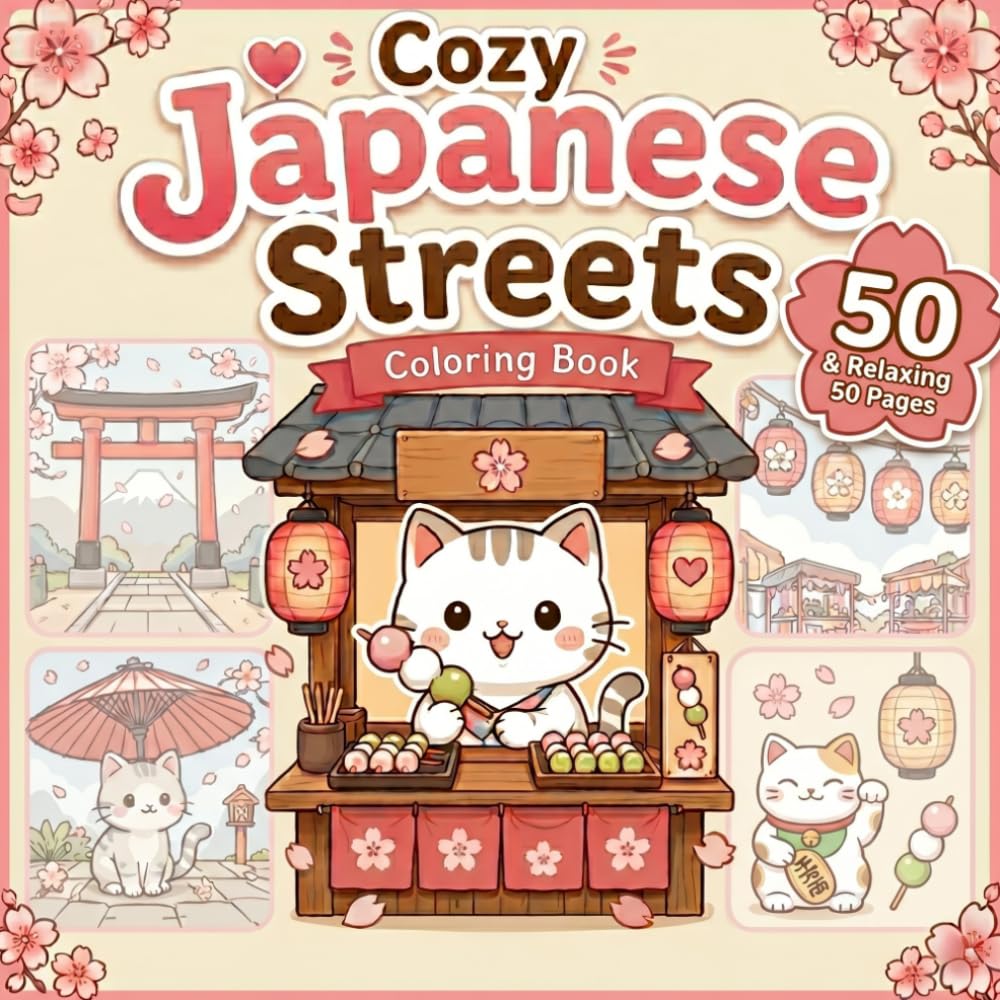 Cozy Japanese Streets: Cute Cats, Lanterns, Snacks and Relaxing Festival Scenes for Stress Relief (Cozy Japan Coloring Books)