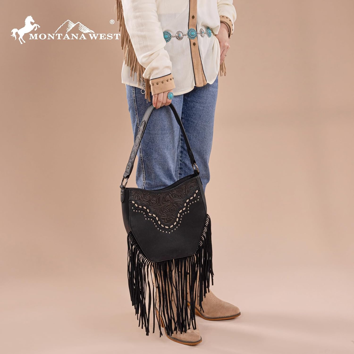 Montana West Fringe Shoulder Bag for Women Western Tooled Hobo Tote Bag Purses