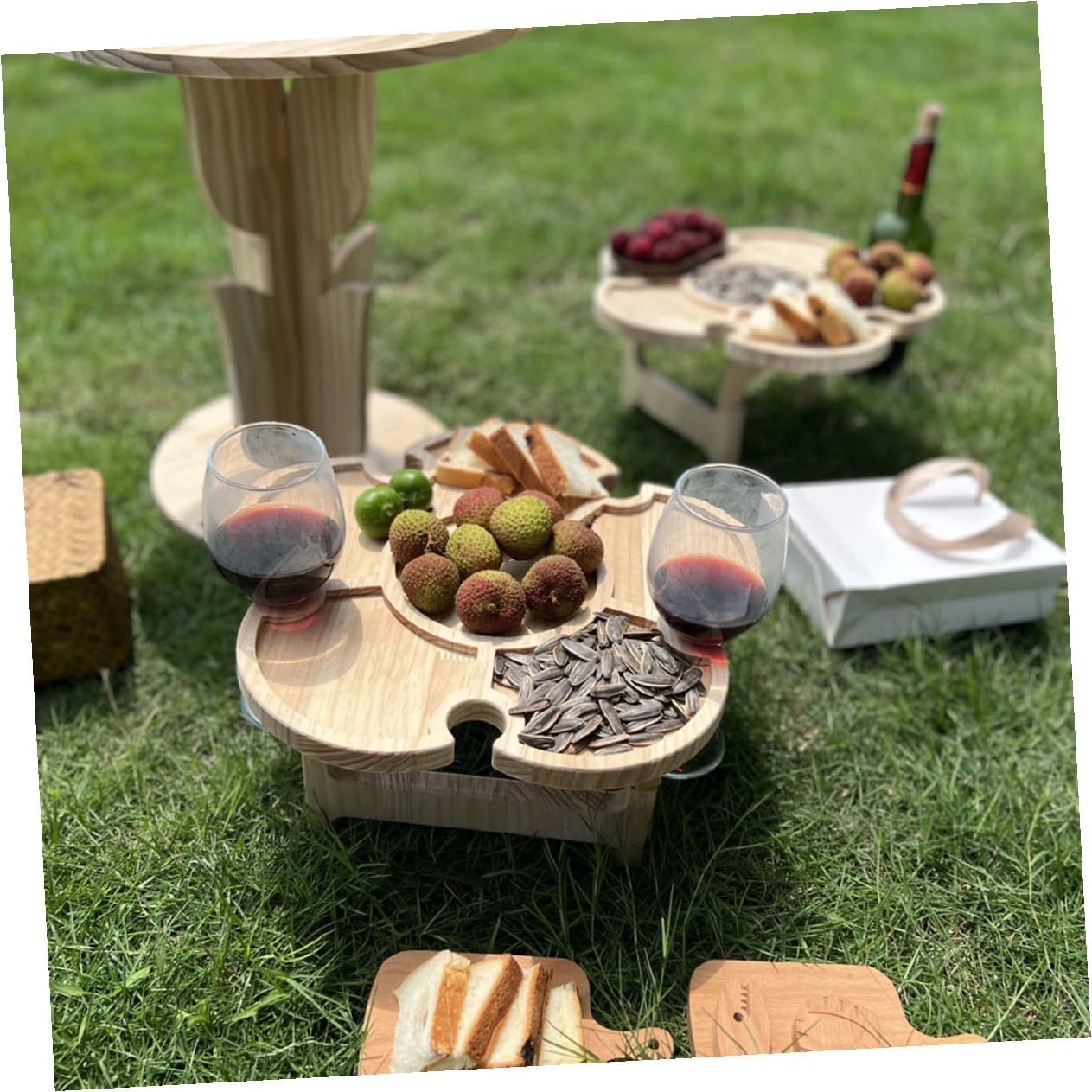 Portable Wooden Wine Desk Folding Picnic Table for Outdoor Beach Camping BBQ, 35cm Diameter Flower-Shaped Travel Table with Tray for Patio and Lawn