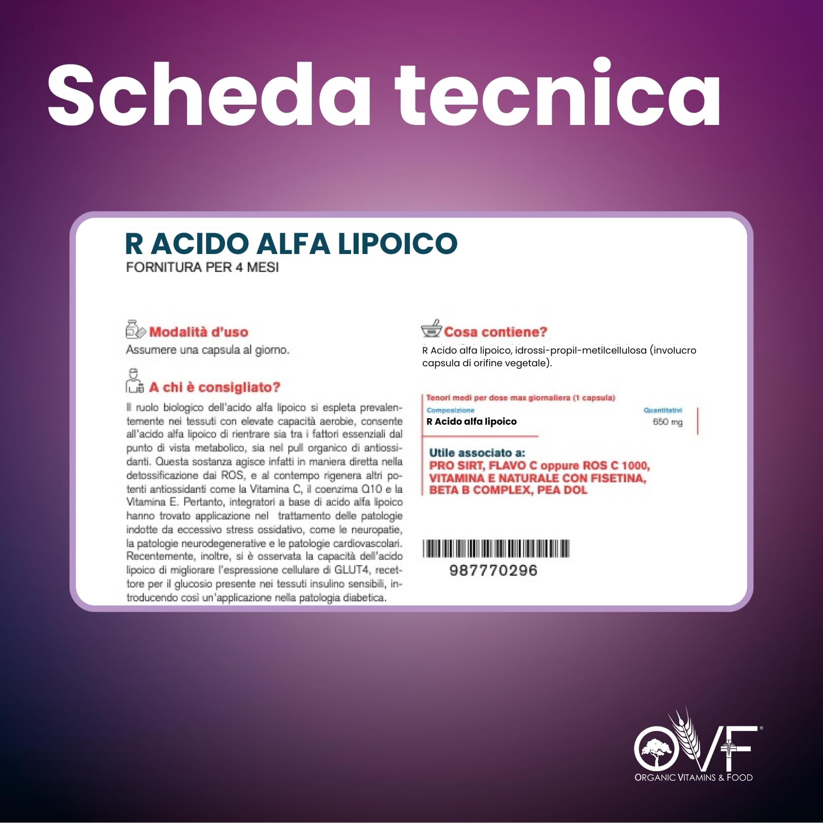 OVF R-Alpha Acide lipoïque 650 mg Hautement dosé, 120 gélules végétaliennes (4 mois de stockage), puissant antioxydant pour l'énergie, les nerfs et le métabolisme, sans dioxyde de silicium, 100