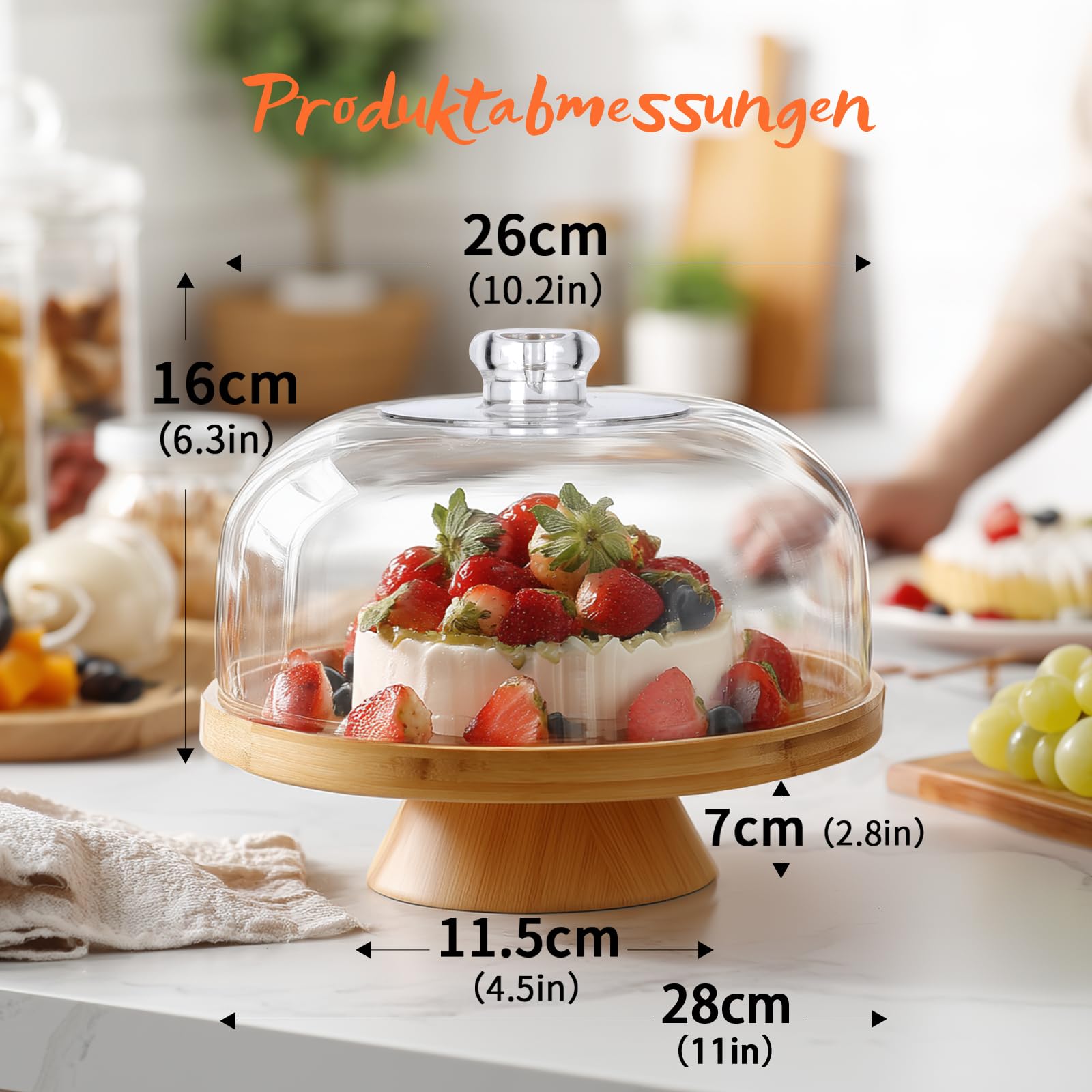 Masthome 6-in-1 Multifunktionaler Tortenständer aus Bambus mit Plastik-Abdeckhaube und Standfuß – Verwendbar als Unterteilte Servierplatte und Salatschale für Kuchen, Obst, Snacks und Nüsse