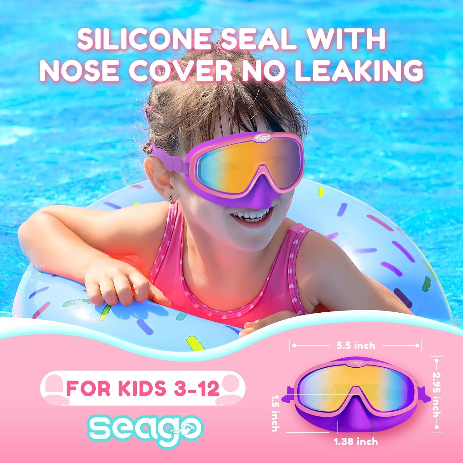 Seago Kids Swim Goggles 2 Pack for 3-12, Anti-Fog Clear View,Toddler Goggles with Nose Cover Swimming Goggles