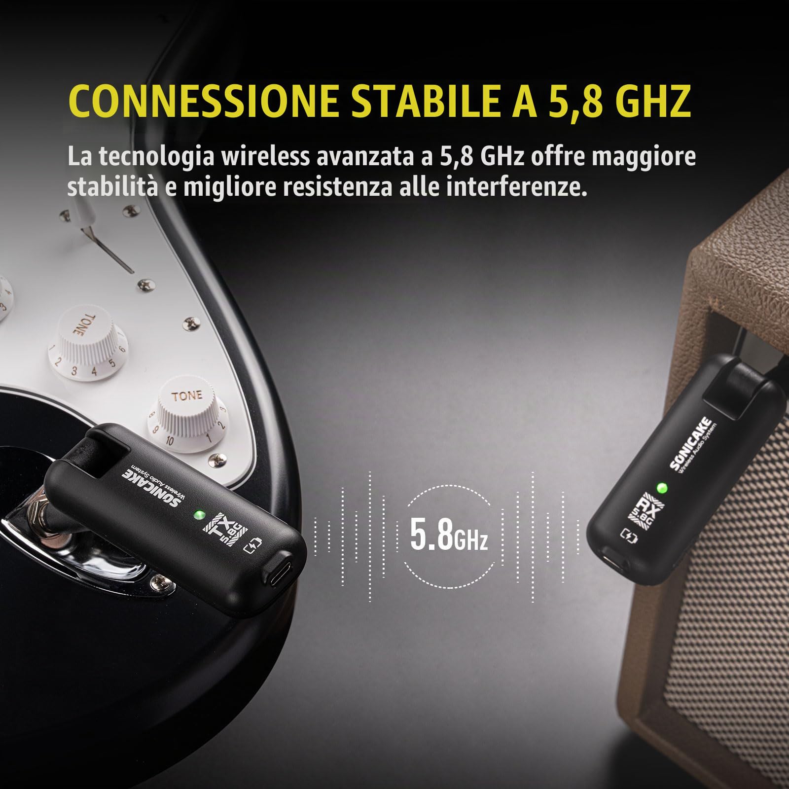SONICAKE 5,8GHz Sistema Wireless per Chitarra, Trasmettitore e Ricevitore | 6 canali di segnale, 8 Ore di Autonomia, Raggio di Trasmissione 30–50 Metri, per Chitarra Elettrica e Basso