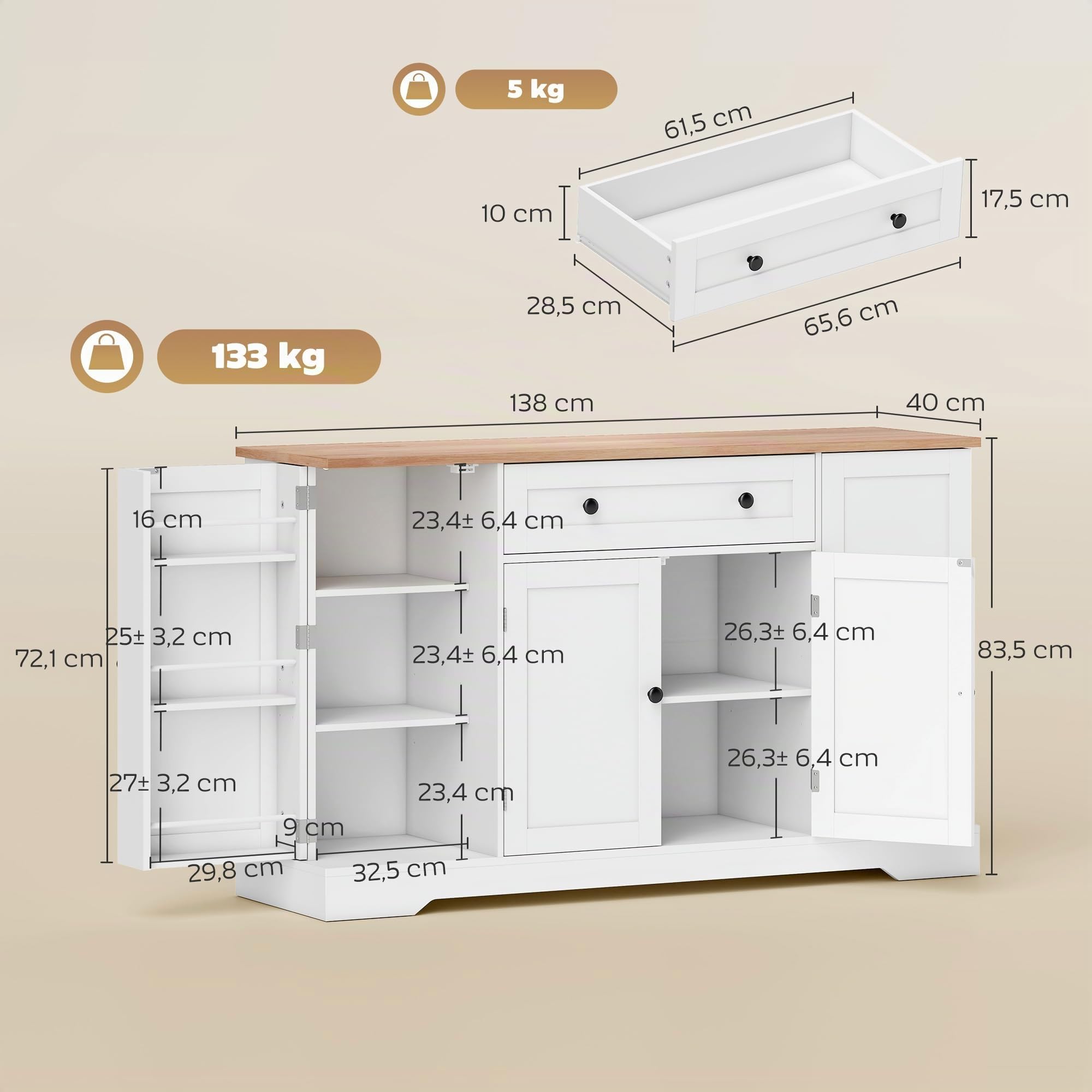 HOMCOM Aparador Armario de Cocina Moderno con Cajón 138x40x83,5 cm Blanco | Estantes en las Puertas, Estantes Ajustables, Barra de Café, para Cocina, Comedor