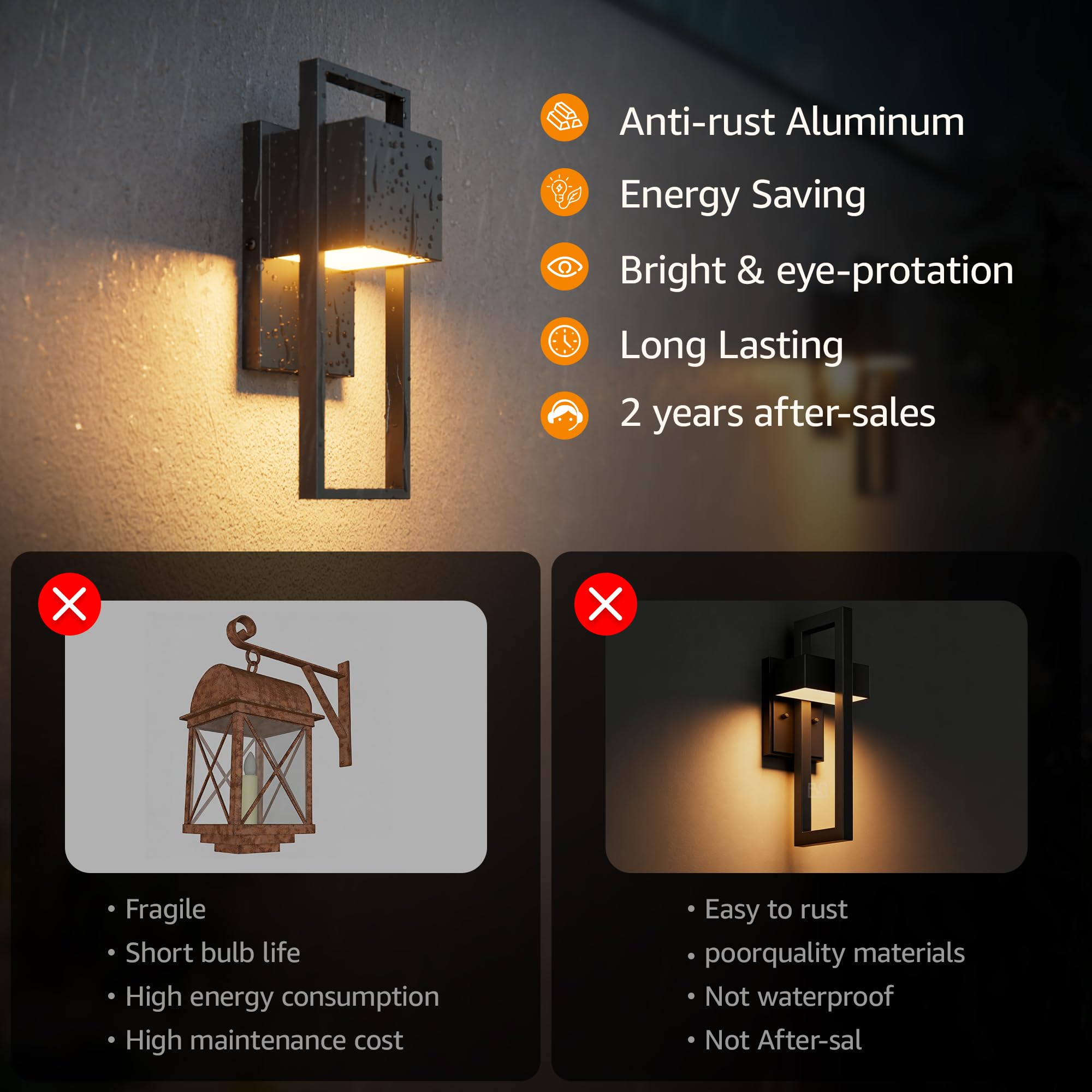 Aipsun LED Außenwandleuchte 16W,2 Stück Außenlampe Außenleuchte 3000K Warmweiß IP65 Wasserdicht | Edelstahl-Wandleuchte für Innen/Außen, Balkon, Garten, Garage & Korridor | Schwarz