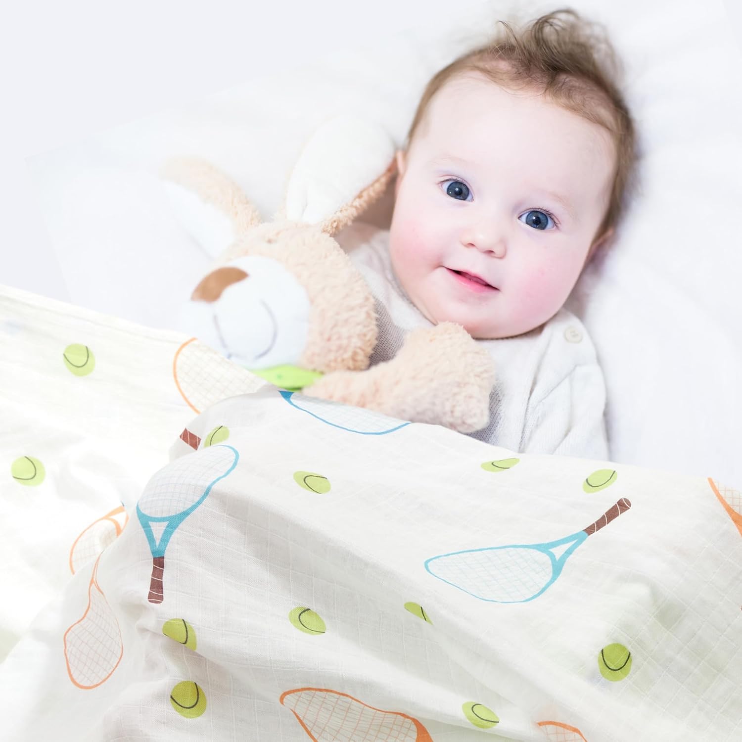 70% Rayon Made from Bamboo 30% Cotton Muslin Swaddle Blanket, 47 x 47 Inches, Tennis Print Baby Receiving Blanket, Soft and Breathable, Unisex, 2 Pack - Image 2