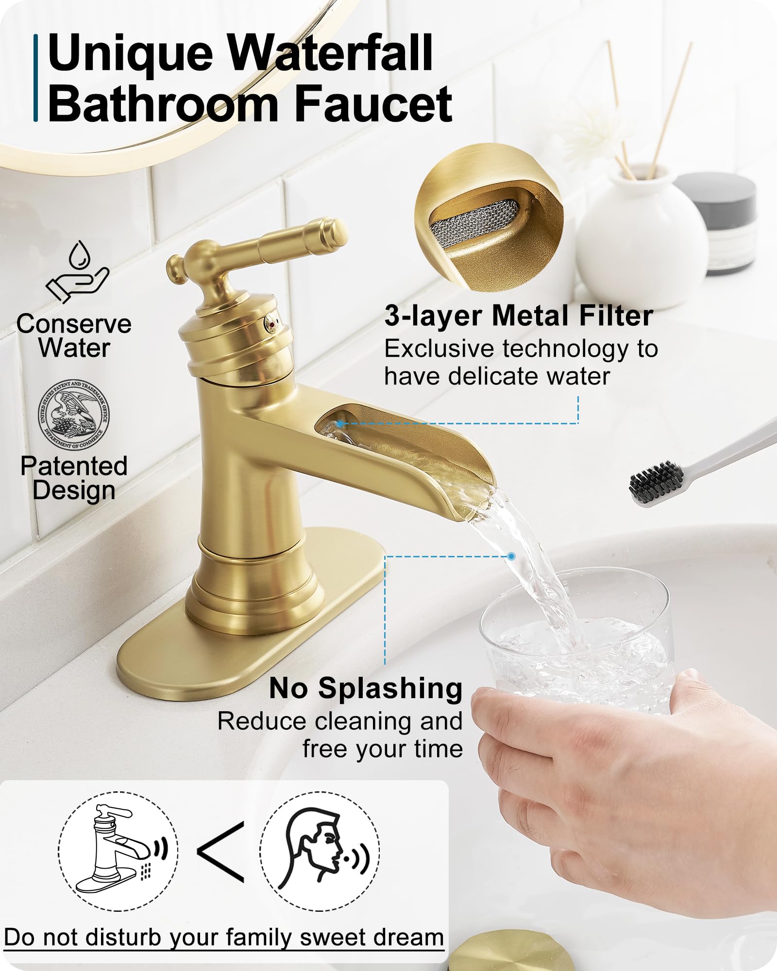 Waterfall Bathroom Sink Faucet Brass Gold Bathroom Faucet 1 Hole Single Handle Bathroom Faucets for Sinks 4 Inch — view 2