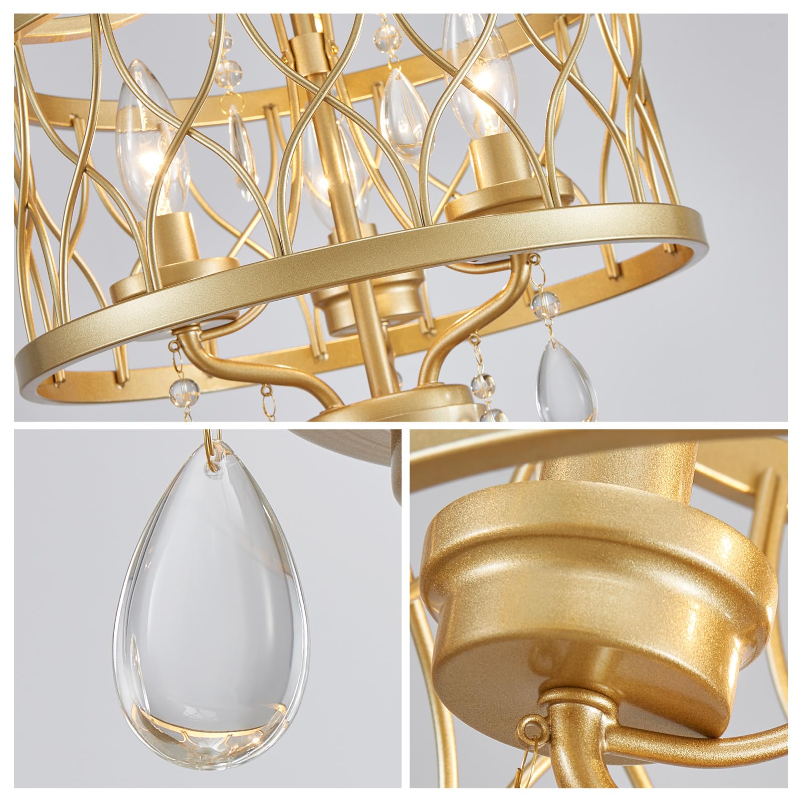 WUZUPS lustre 3-lumière vintage ferme industrielle semi-flush montage plafond luminaire éclairage moderne pour foyer chambre couloir chambre de stockage cuisine, H 40,6 x L 32,5, E14 Base, or