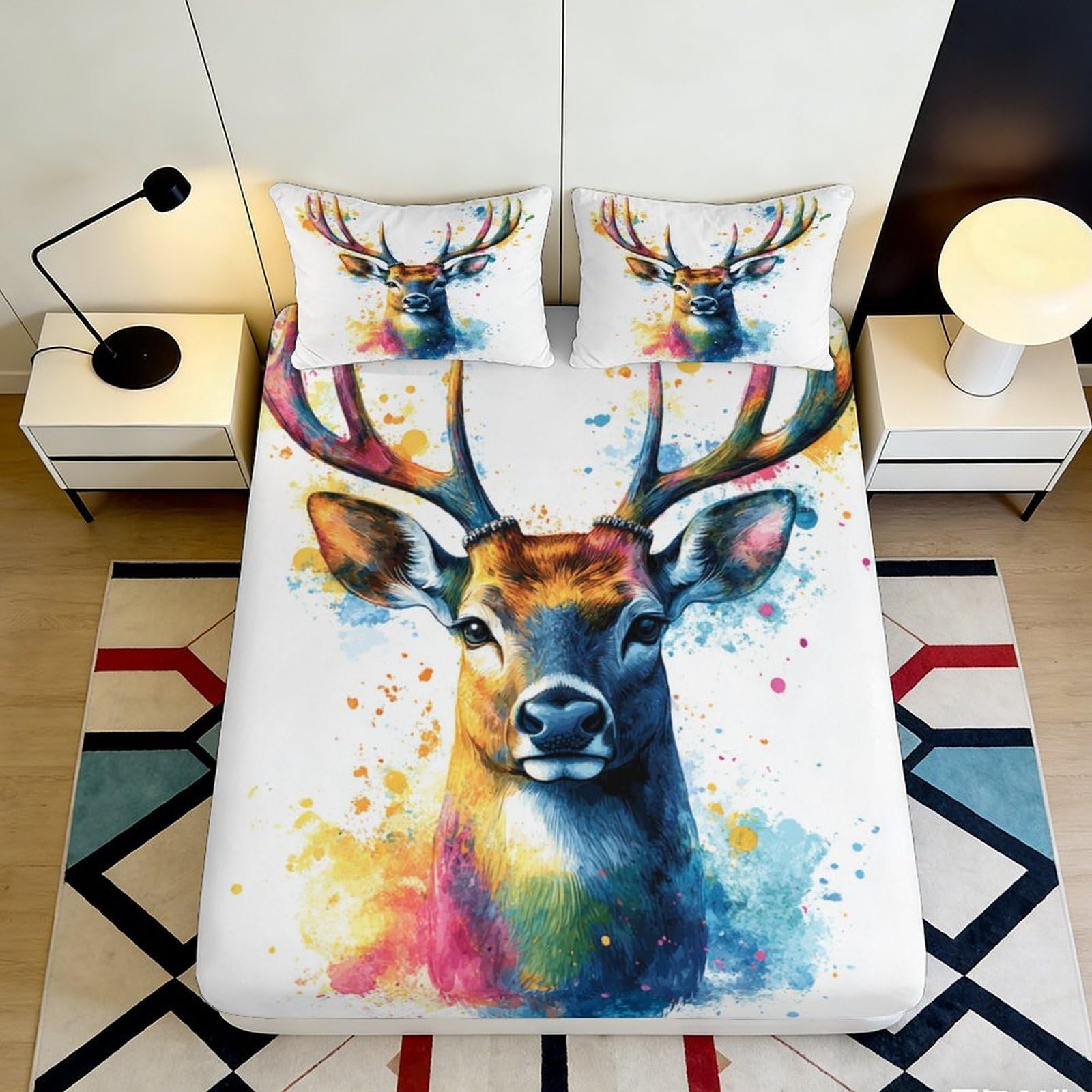 Pnayamiorkfel Style-2 3D Printed Colorful Deer Fitted Sheet Microfiber Artistic Animal Bed Cover For Bedroom Guest Room Dorm Mattress Protection Decor 90X200x25cm