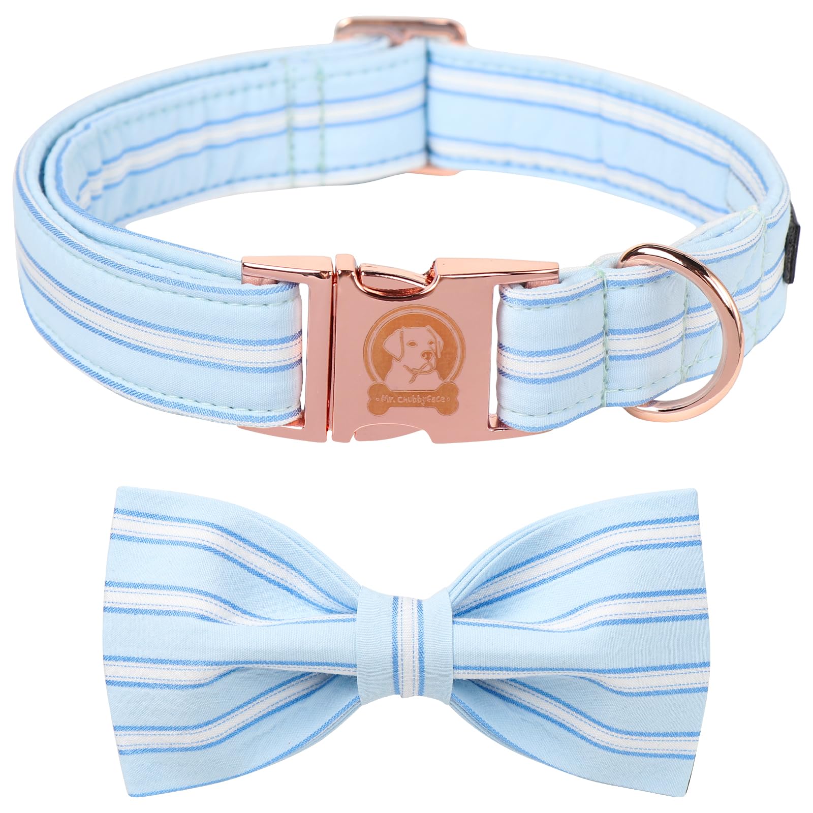 MR. CHUBBYFACE Blue Dog Collar, Cute Dog Collar with Bowtie, Summer Adjustable Girl Boy Collar with Metal Buckle, Durable Collars for Small Medieum