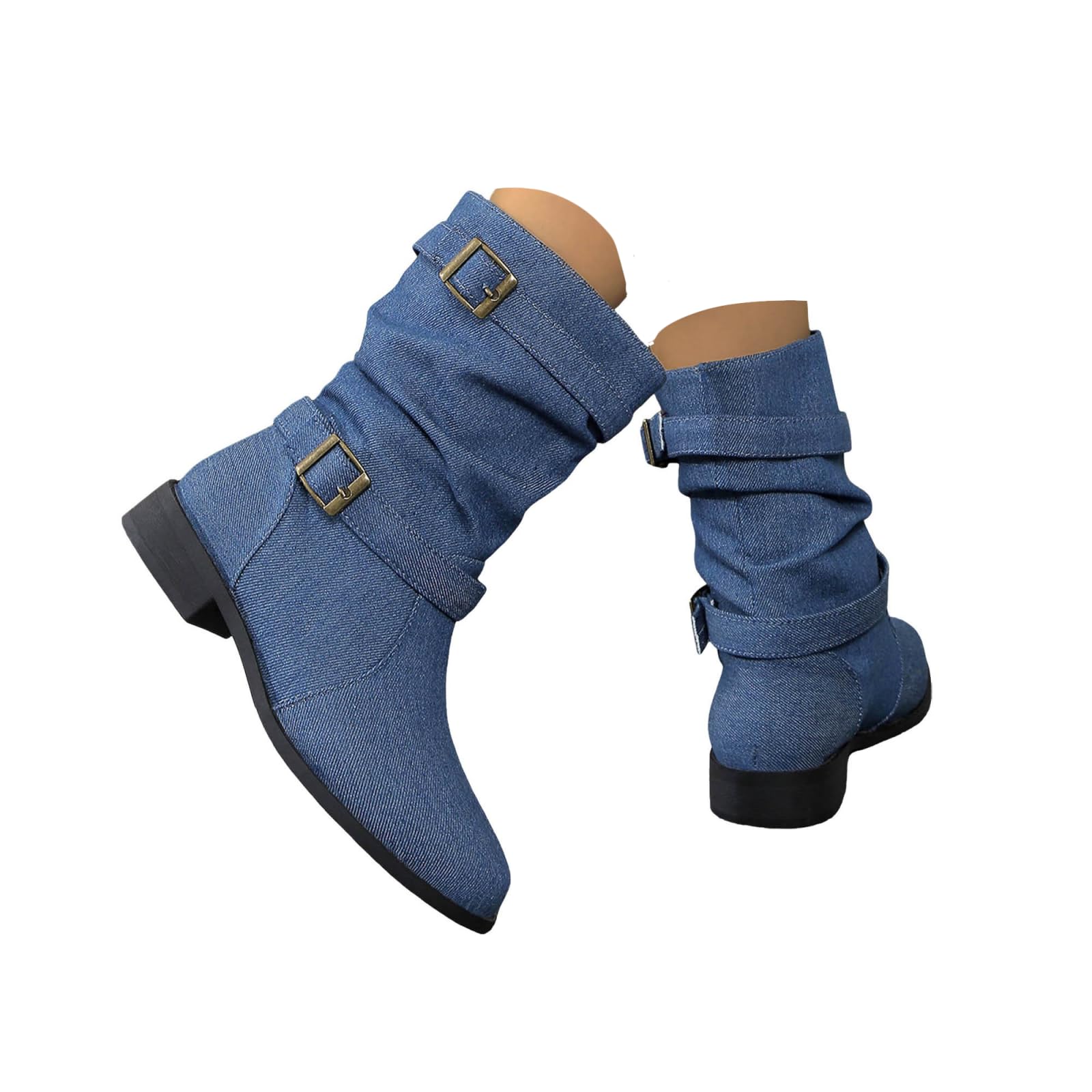 Womens Low Heel Slouch Suede Slip On Casual Ankle Boots with Buckle Womens Round Toe Chunky Heels Wide
