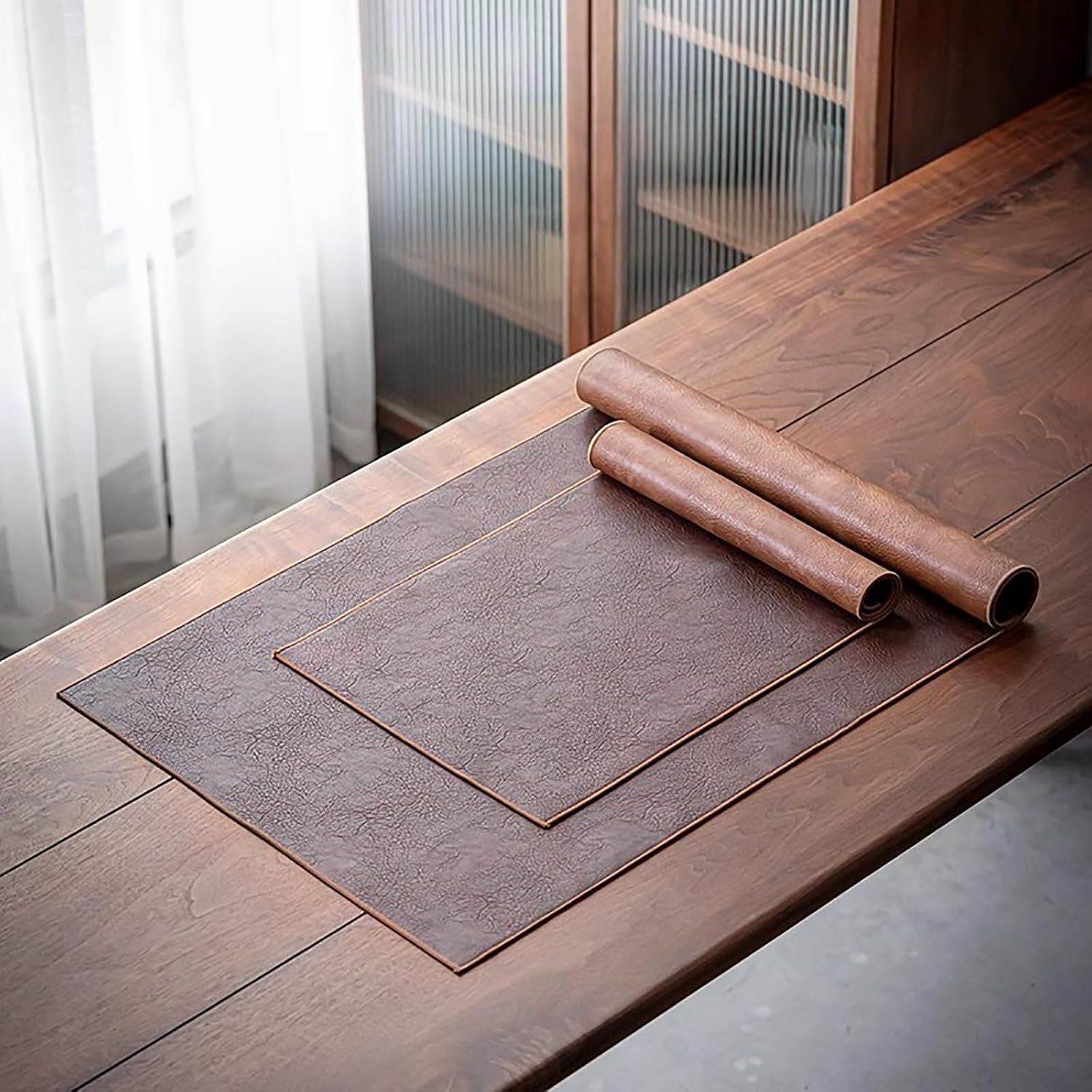 Vintage Faux Leather Table Runner and Placemats, 20 30 40 50 Inches Long Kitchen Table Mat for Daily Use, Holidays and Catering Events, Waterproof Heat & Stain Resistant(100X50cm/39.4 x 20 Inches)