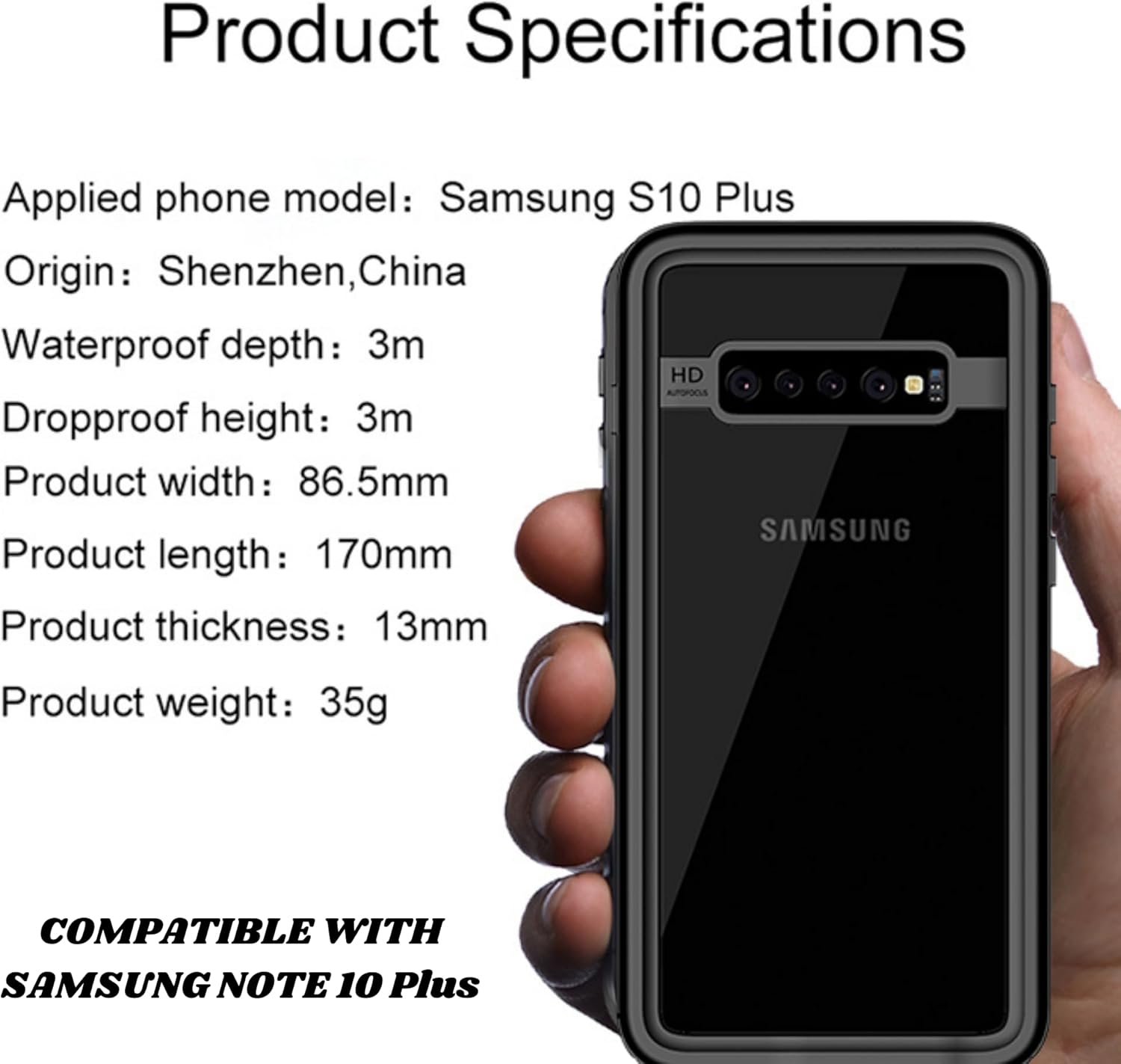 Waterproof Case for Galaxy Note 10 Plus – IP68 Dustproof, Shockproof, Full-Body Protection with Built-in Screen Protector, Supports Wireless Charging – Ideal for Samsung Galaxy Note 10 Plus Phone