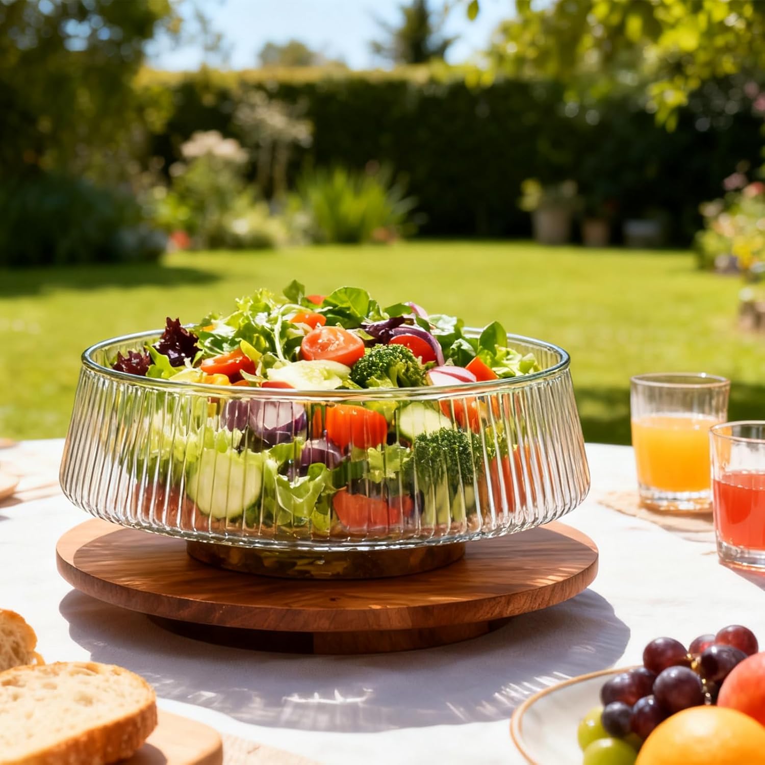 Extra Large Glass Salad Bowl Set, 4.8Qt Mixing Bowl with Acacia Wood Lid, Base and Salad Serving Utensils, Ribbed Serving Bowl Trifle Bowl, Practical Salad Bowls for Kitchen,Parties,Christmas - Image 2