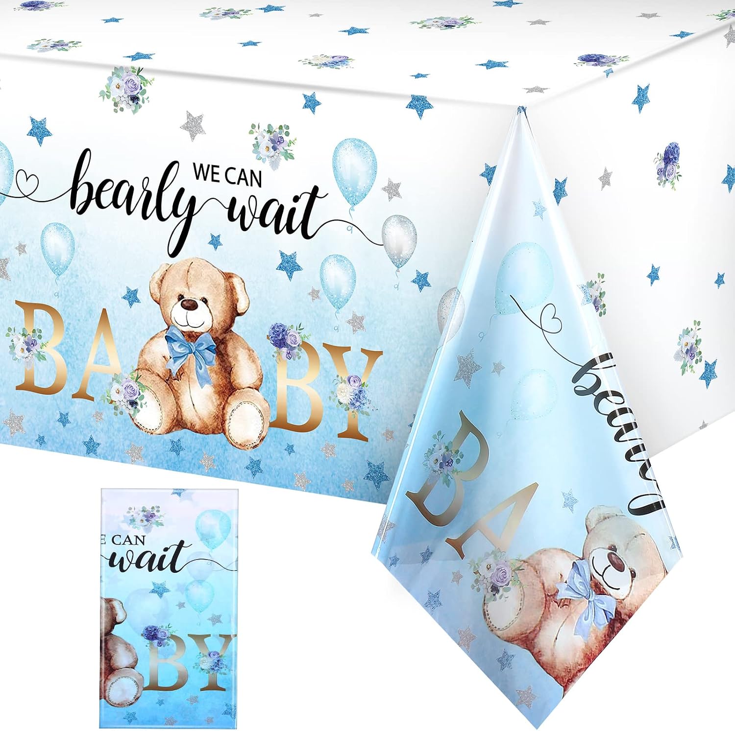 Tegeme 3 Pack Bear Baby Shower Tablecloth Plastic Bear Table Cover We Can Bearly Wait Tablecloth for Kids Birthday Party and Gender Reveal Decorations, 54 x 108 Inch (Blue)
