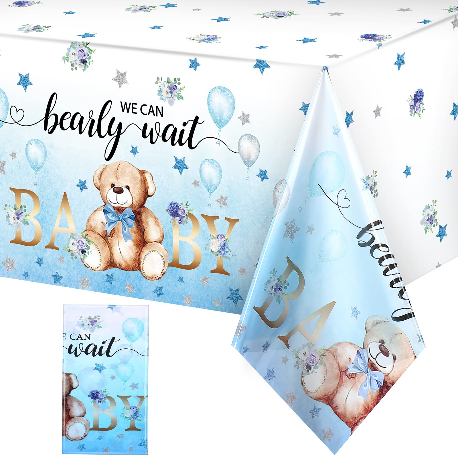 Tegeme 1 Pack Bear Baby Shower Tablecloths 54 x 108 Inch, Blue