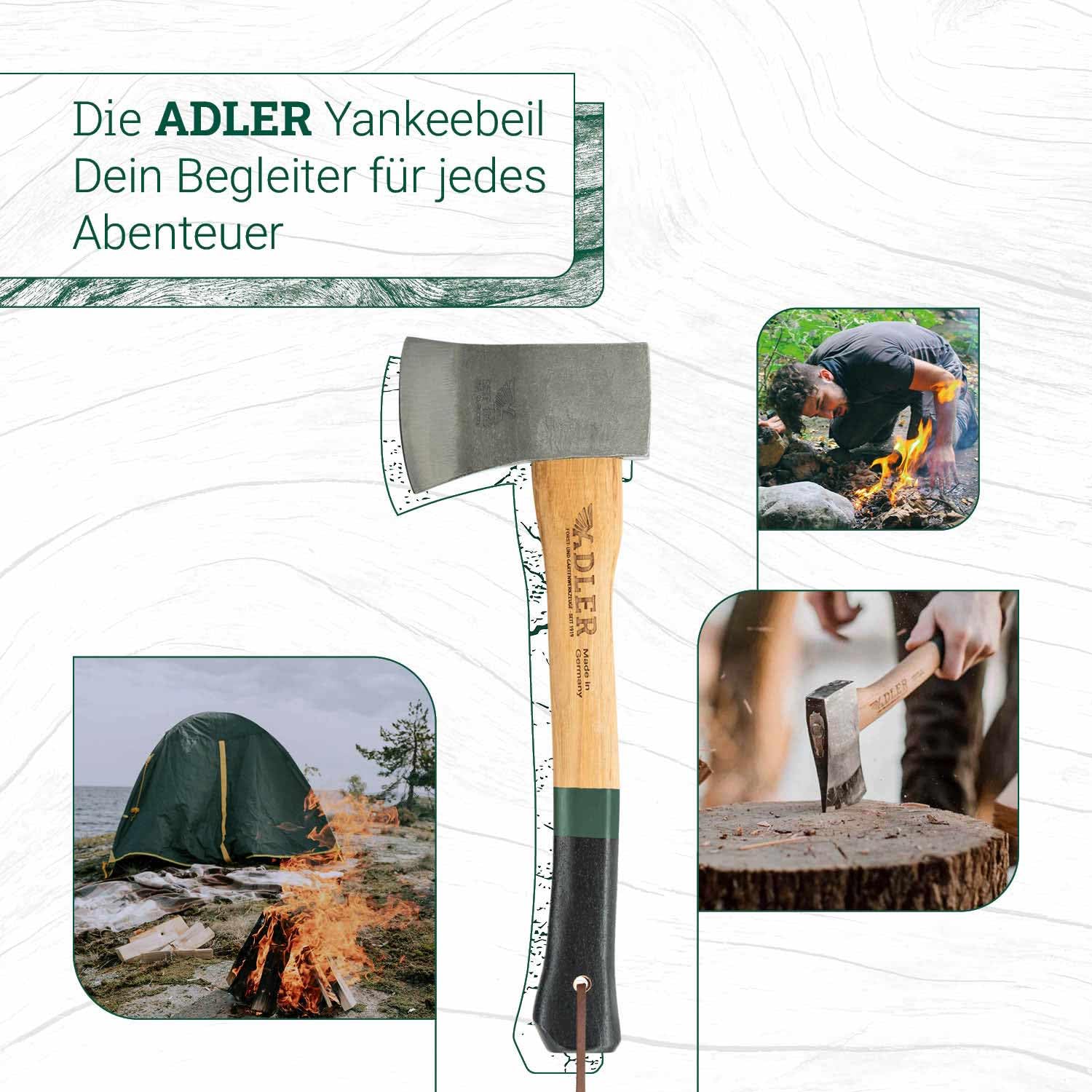 Adler Yankeeyxa avec Protection en Cuir : Hache en Bois forgé en Acier C60 avec poignée en Hickory de 38 cm, Surface extérieure antidérapante, pour Le Camping et la randonnée, Vert/Noir, 650 g