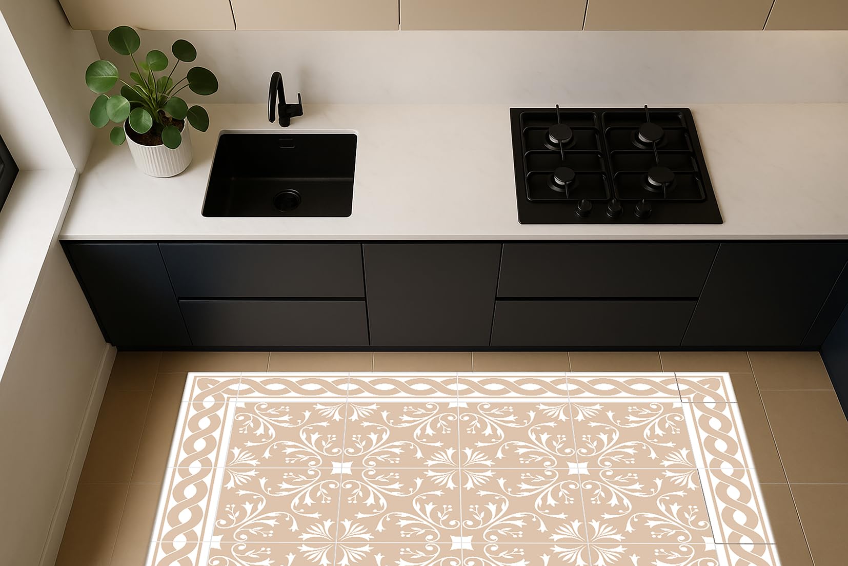 DobleUve Estudio Tapis Vinyle 37 | Beige | 65x200 cm | Tapis Cuisine et Salon Antidérapant Antifongique Ignifuge | Pour Enfants et Bain PVC
