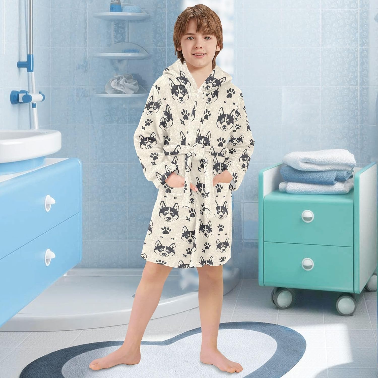Retro Cartoon Husky Toddler Hooded Bathrobe for Boys Girls Soft Plush Bath Towel Robe 2-12 Years