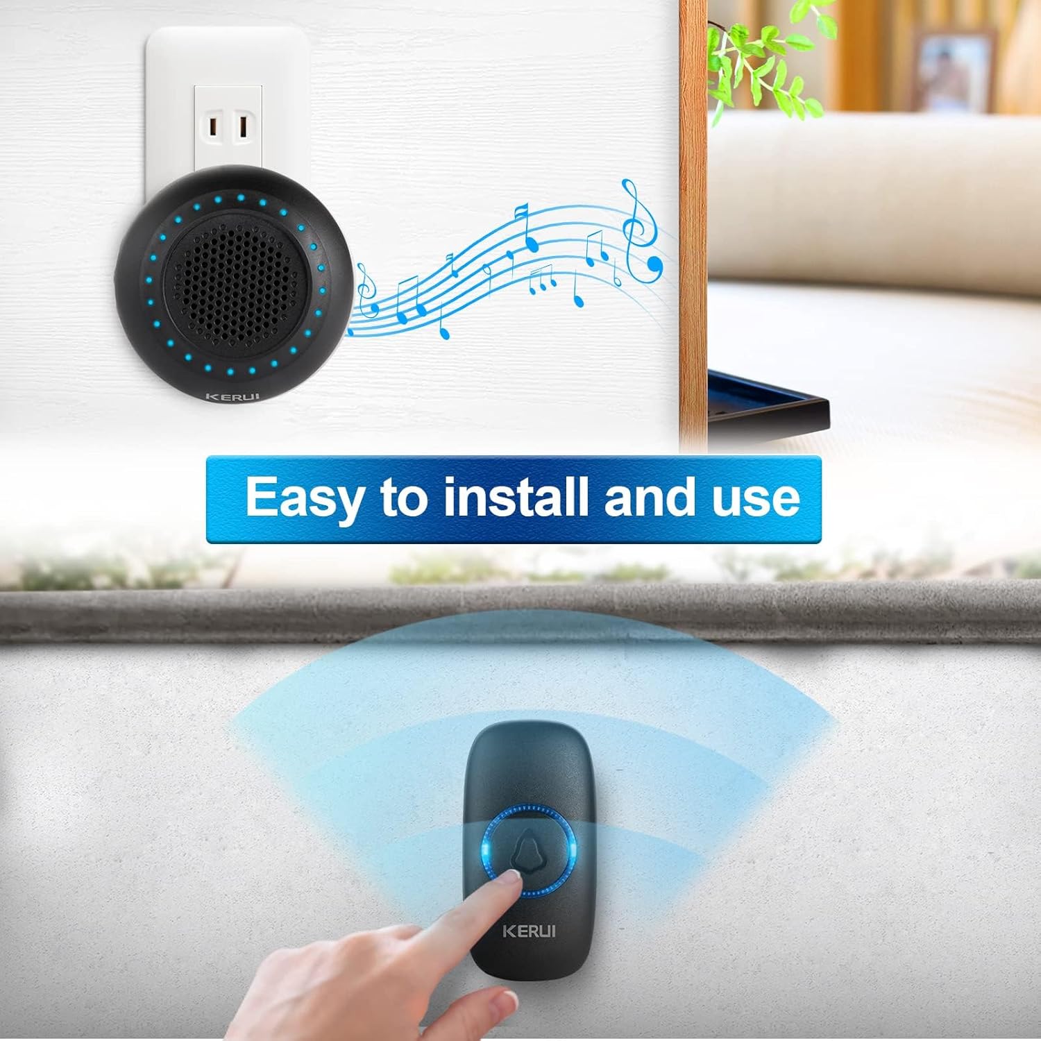 A hand pressing the KERUI Wireless Doorbell push button installed on a wall, with sound waves emanating, indicating ease of installation and use.
